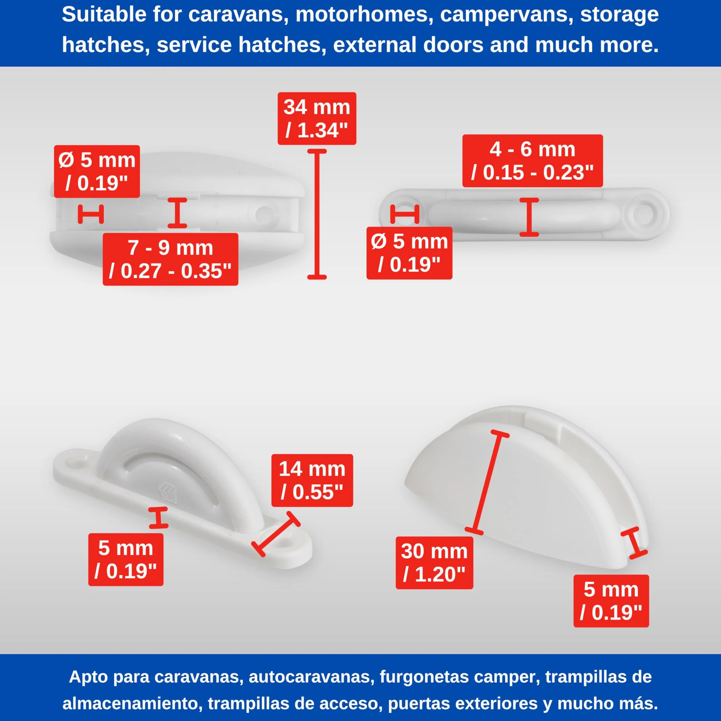 Blokada drzwi do przyczep kempingowych, 1 sztuka, biały, do przykręcania, z odstępem między otworami 46 mm i 63 mm, zamek do drzwi do przechowywania, do kampera, uchwyt na drzwi, do kampera