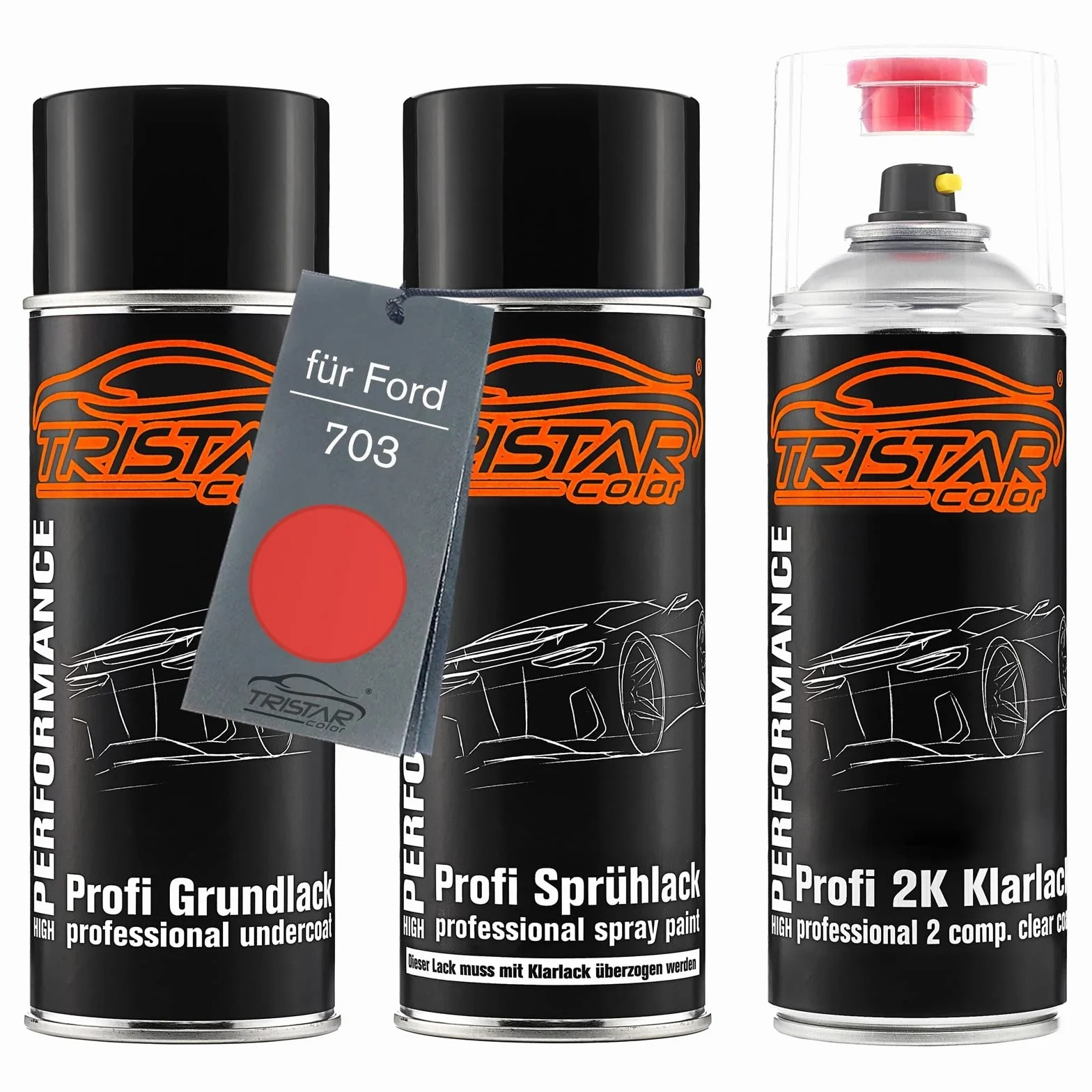 TRISTARcolor Lakier samochodowy Zestaw puszek z lakierem 2K w sprayu dla Ford 703 Rojo Sunrise Lakier bazowy 2 komponenty Lakier bezbarwny w sprayu
