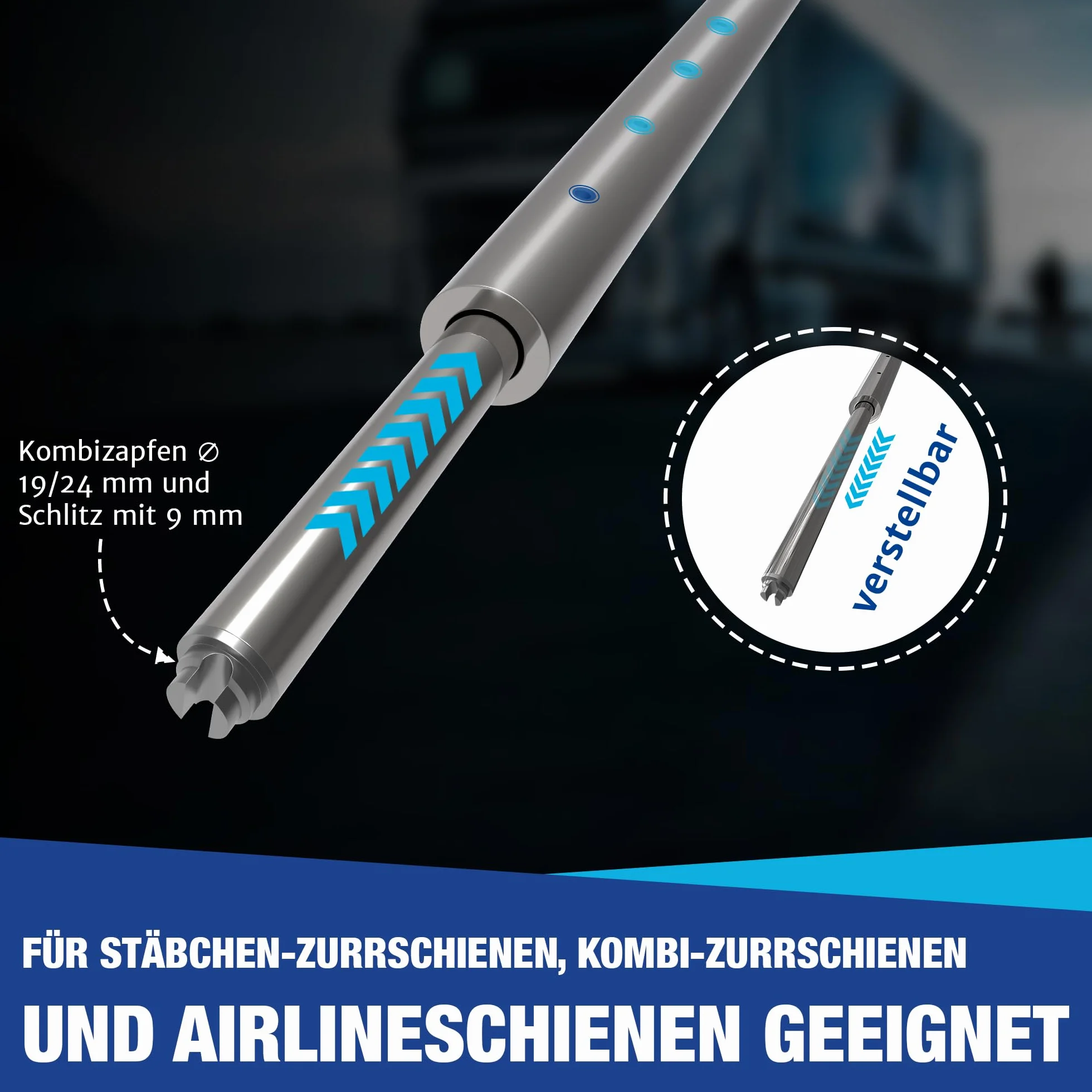 NTG Okrągła belka blokująca, drążek blokujący, belka zaciskowa, 1200-1600 mm, czop kombi 19/24 mm, do szyny Airline, szyna kotwiczna kombi | szyna z prętami (1)