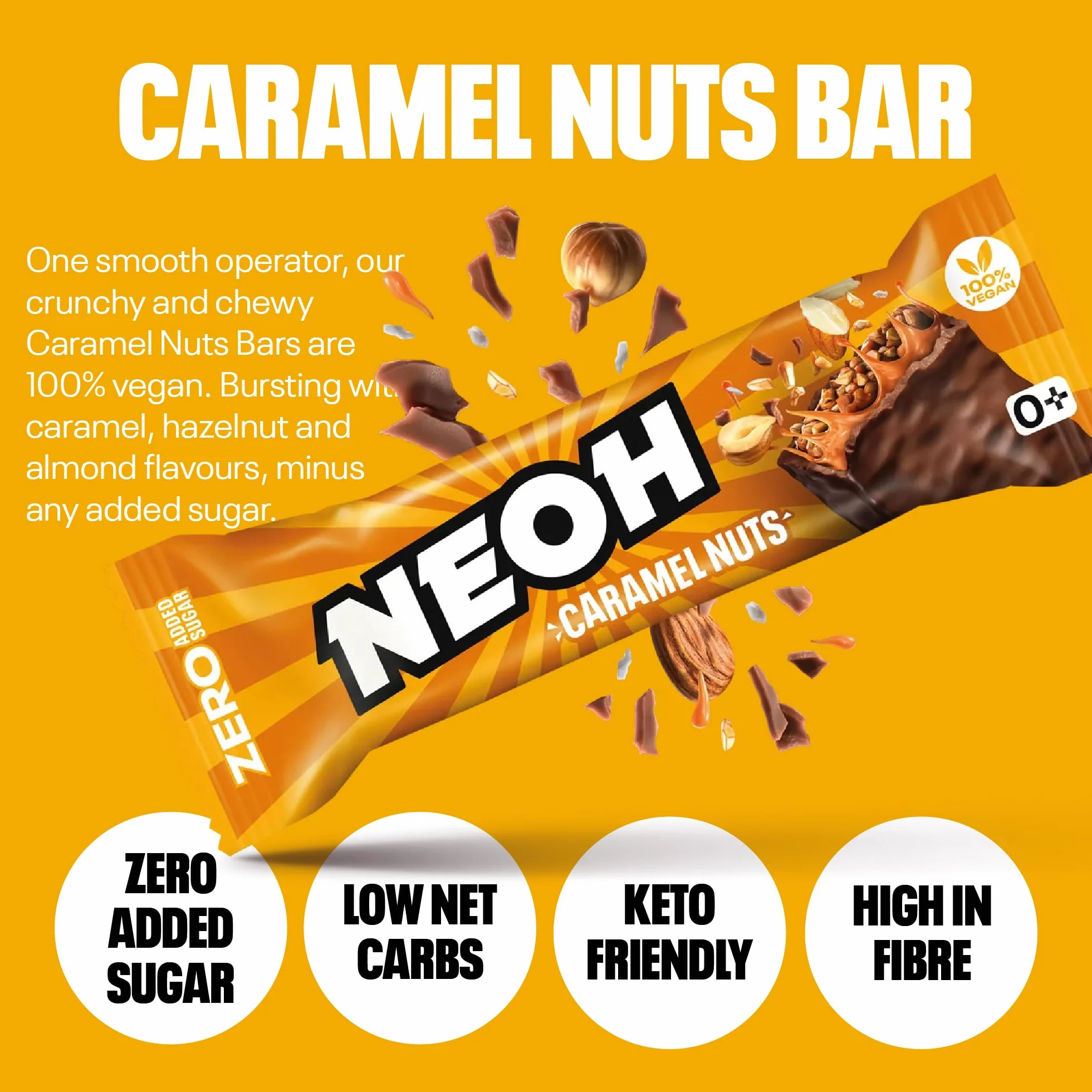 NEOH Low Carb Wegańskie Keto Batonik Karmel Orzechy Czekolada - 1 g Cukier / 137 kcal - Bez dodatku cukru - 28 g (Opakowanie 12 sztuk) - Caramel Nuts