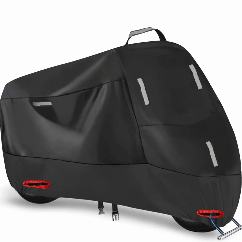 300D Wodoodporny Pokrowiec Motocyklowy na Zewnątrz Ochrona Przed Deszczem i Kurzem UV, z 5 Paskami Odblaskowym i 2 Otworami na Zamek, 2 Stałe Paski z Klamrami i 1 Uchwytem (4XL: 290 x 95 x 140 cm)