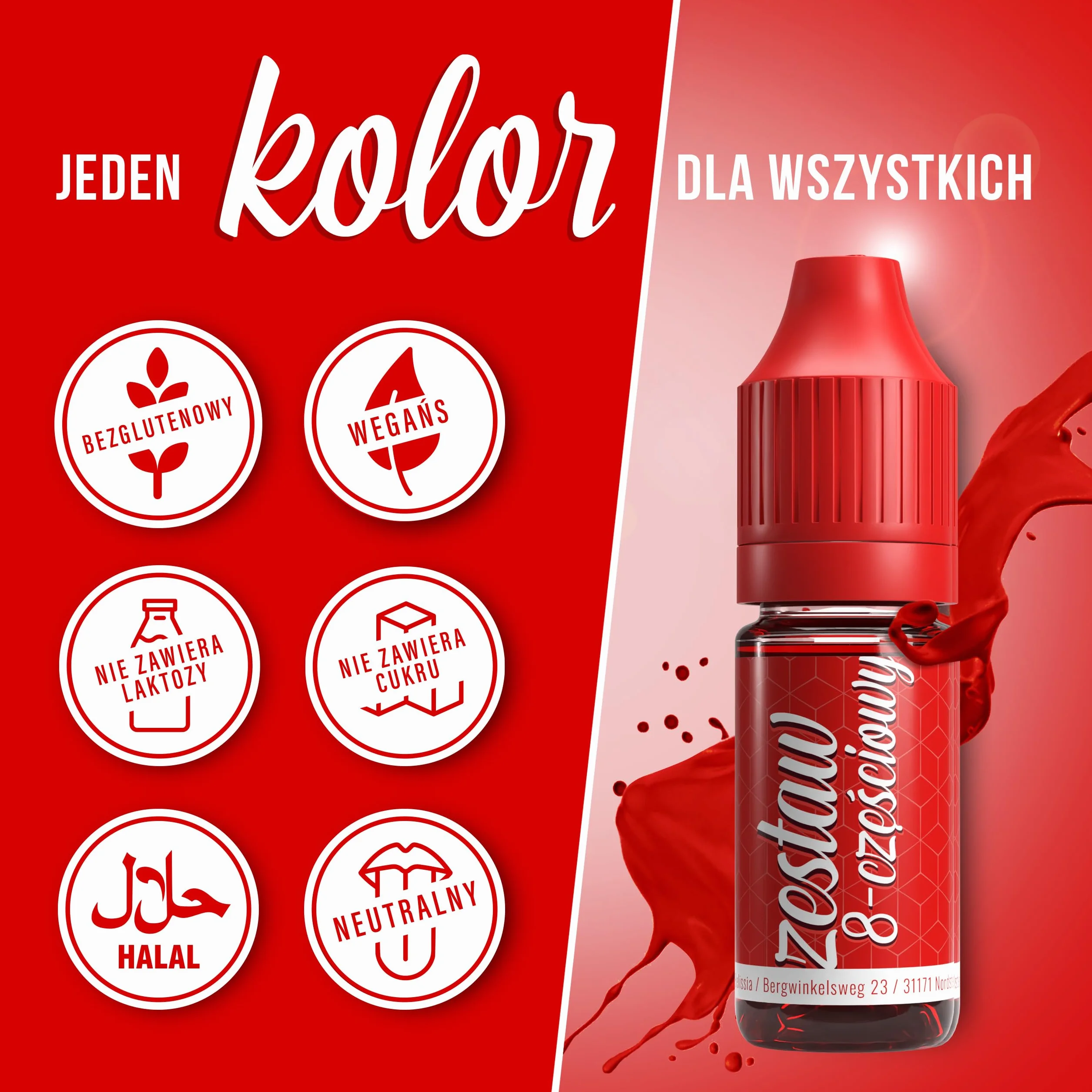 Zestaw barwników spożywczych 8x10ml Wysoce skoncentrowany barwnik, Wyprodukowano w Niemczech bez cukru, płynny, do barwienia napojów, ciast, ciastek, polew, slime i wielu innych.