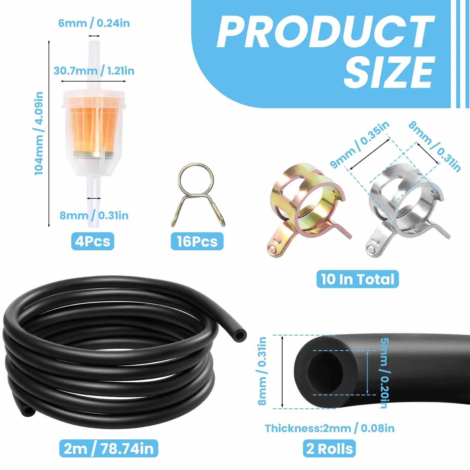 Zestaw 32 węży benzynowych, 2 x wąż paliwowy 2 m, 4 filtry benzynowe 6 mm, 10 obejm 10 mm, 16 małych kart, przewód paliwowy do kosiarki, samochodu, traktora, małych silników