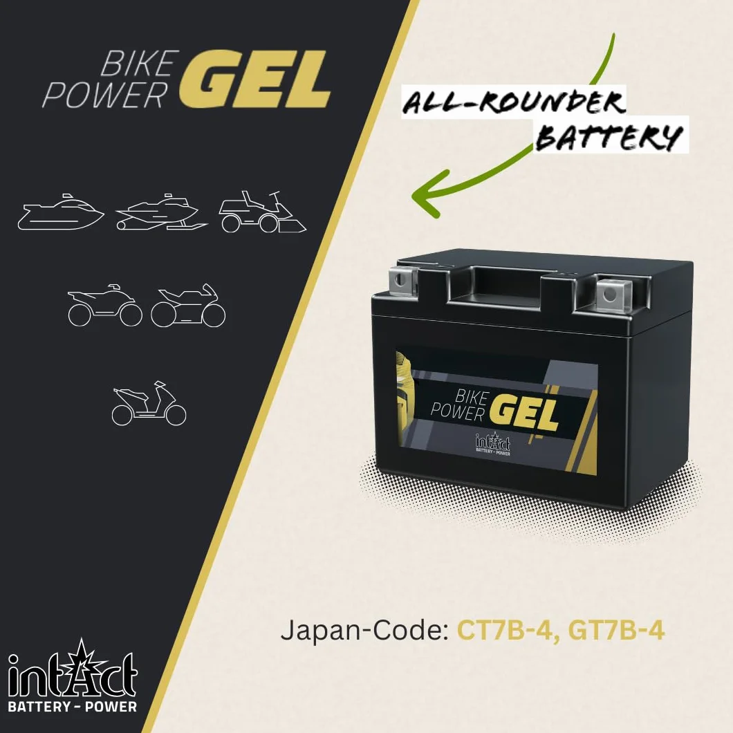 intAct - Bike-Power GEL12-7B-4, CT7B-4, GT7B-4, akumulator motocyklowy 12V 6 Ah, 120 A (EN), bezobsługowy żelowy akumulator motocyklowy o 30% większej mocy rozruchowej, do skuterów, motocykli,kwadrat