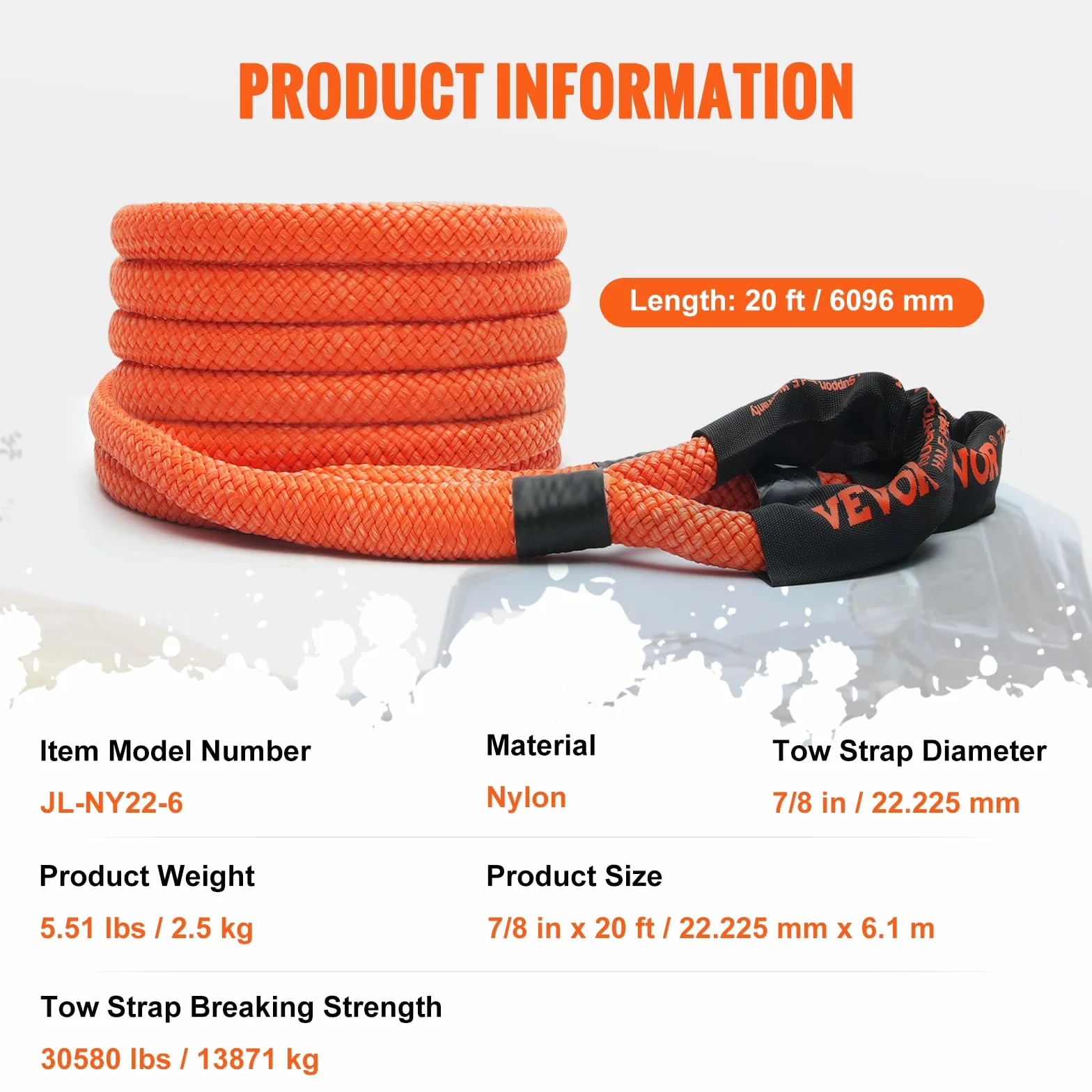 VEVOR Lina holownicza kinetyczna 7/20.3 cm x 20' 13,9 kg, ekstremalna siła 30% elastyczność do jeepa, samochodu, ciężarówki, ATV, UTV, SUV-a