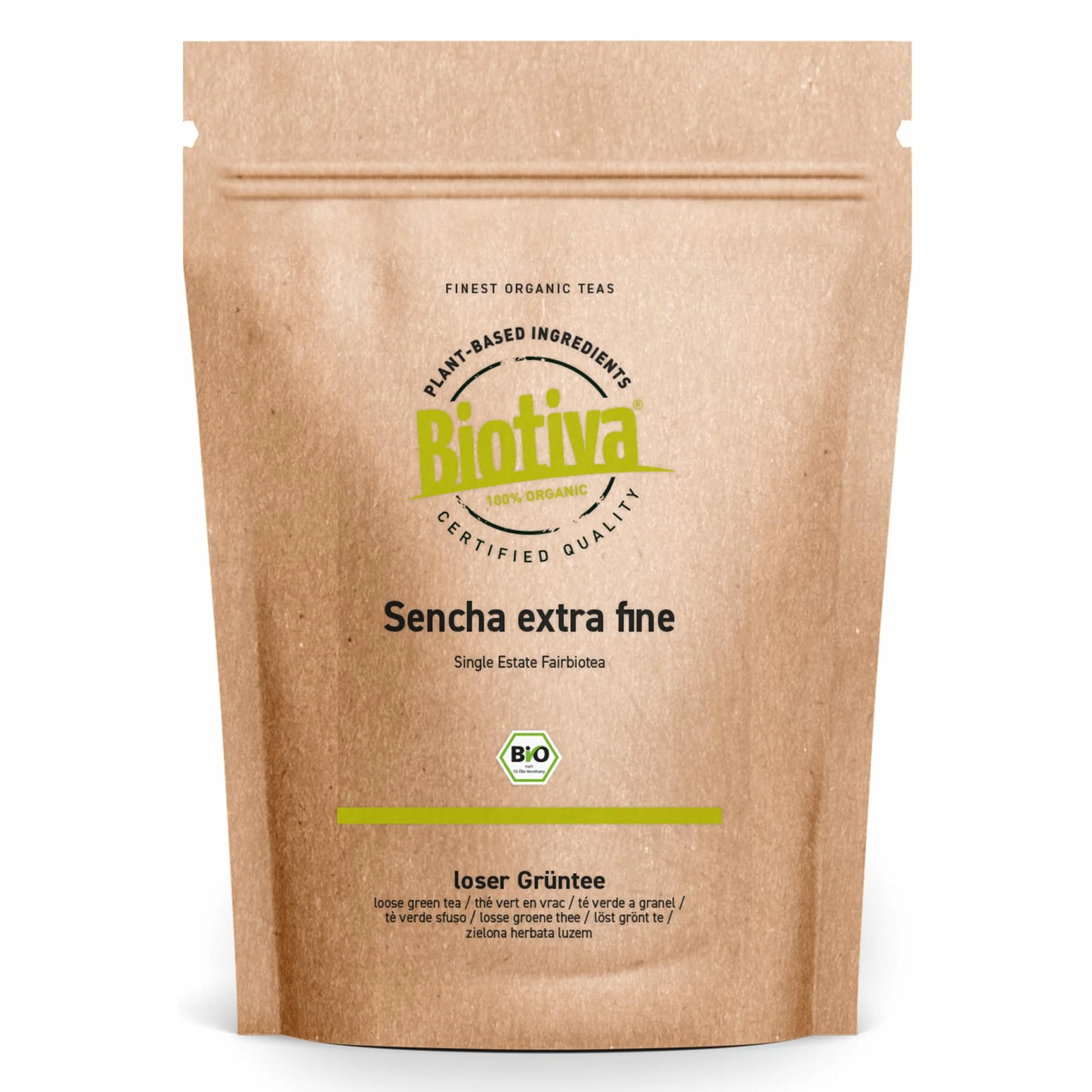 Zielona herbata Sencha Extra Fine Bio 250 g – opakowanie ekonomiczne na 100 filiżanek – łagodna, z lekką nutą trawy, delikatnie cierpka i kwiatowa – certyfikat Fairbiotea – Biotiva