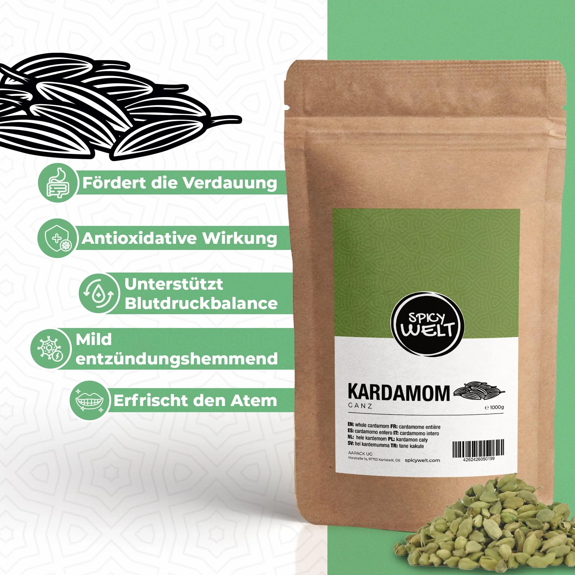 Spicy Welt Kardamon Cały (250g) – Zielony Kardamon w Ziarnach do Kawy, Herbaty, Ciast Drożdżowych, Owsianki i Deserów | Egzotyczny Cytrusowy Aromat | 100% Naturalny, Bez Dodatków