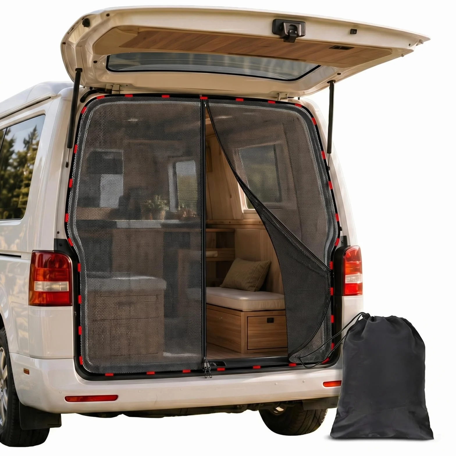 Moskitiera na tylną klapę, 146 x 155 cm, do VW T5 T6 – magnetyczna moskitiera z 3 zamkami błyskawicznymi, ochrona przed owadami, ochrona przed słońcem, zasłona oddzielająca, ochrona przed wzrokiem do