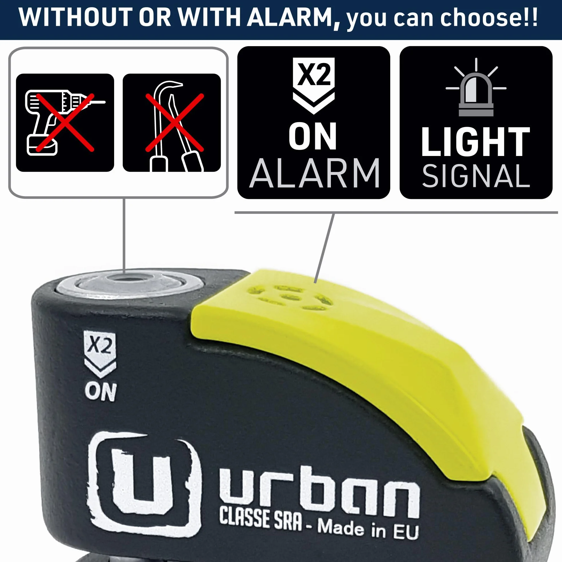 Urban UR10 Blokada Dysku Alarmowego Anti-Theft Disc Lock z alarmem 120 dB + ostrzeżenie, certyfikat High Security CLASSE SRA, wałek 10 mm, wyprodukowano w UE