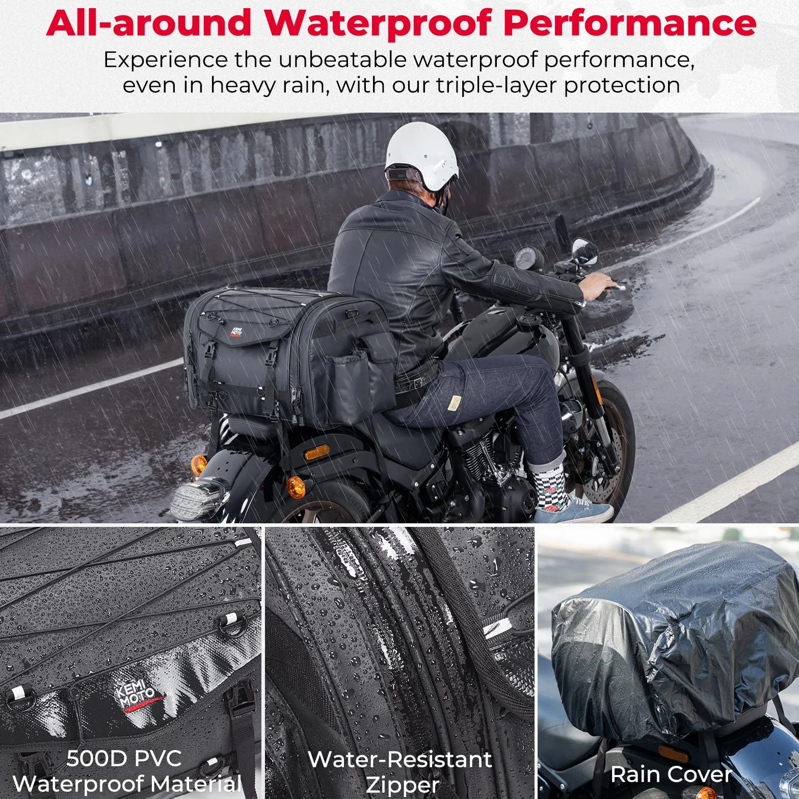 KEMIMOTO Torba motocyklowa 45-65 l, wodoszczelna torba na bagażnik motocyklowy, duża pojemność, torba podsiodłowa, torba na bagażnik z pokrowcem przeciwdeszczowym, łatwy montaż, czarna