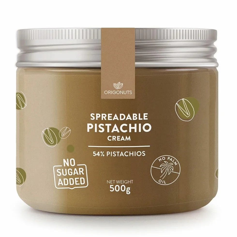 ORIGONUTS - Krem Pistacjowy - Pasta Pistacjowa 54% pistacji, słodzona maltitolem, bez cukru i oleju palmowego - do ciast, ciasteczek, tortów, kremów, deserów, do lodów - 500g