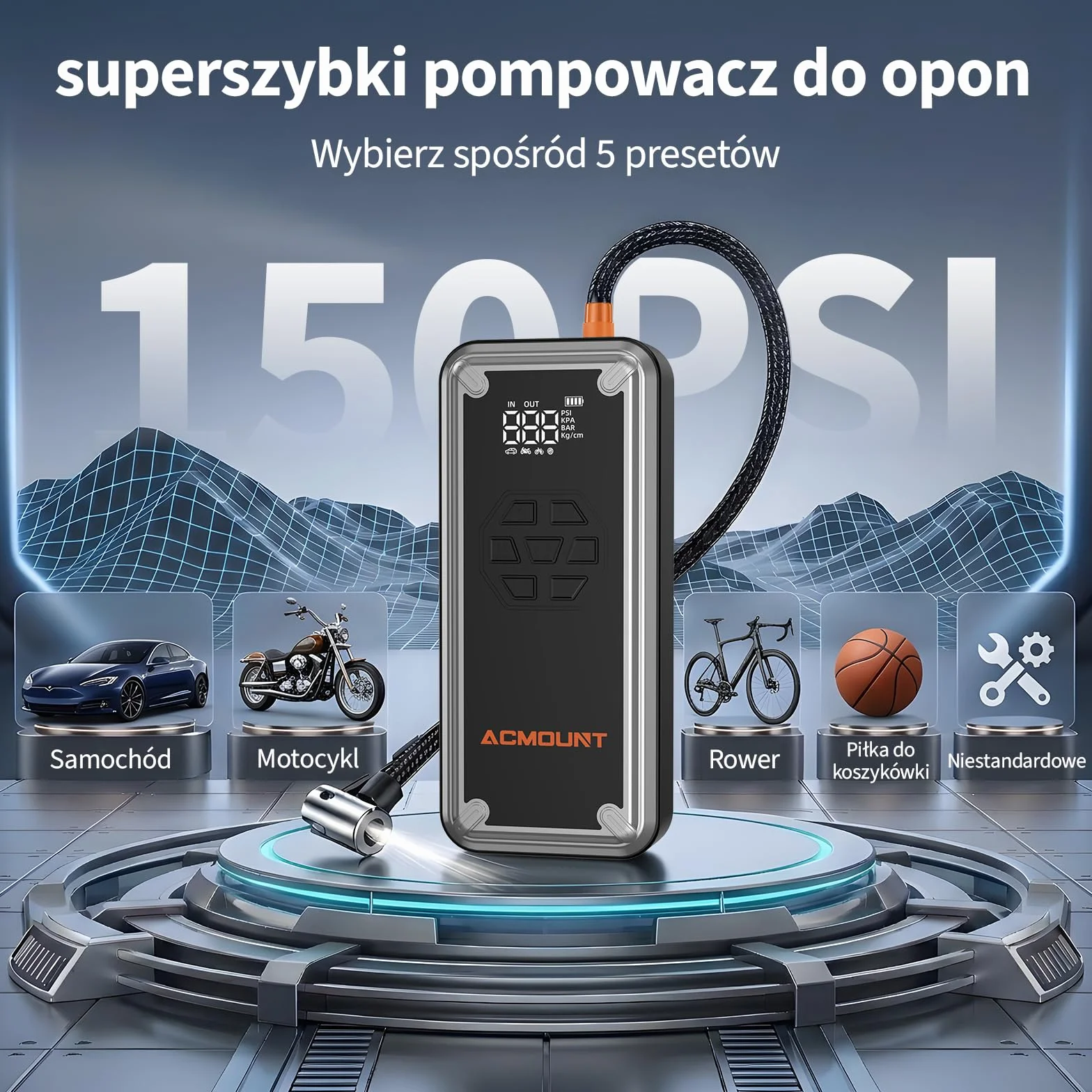 ACMOUNT Booster rozrusznik samochodowy 7000 A, 23800 mAh 150 PSI rozrusznik akumulatora samochodowego ze sprężarką, przenośny start akumulatora 12 V do szybkiego ładowania 18 W, LED i LCD do benzyny