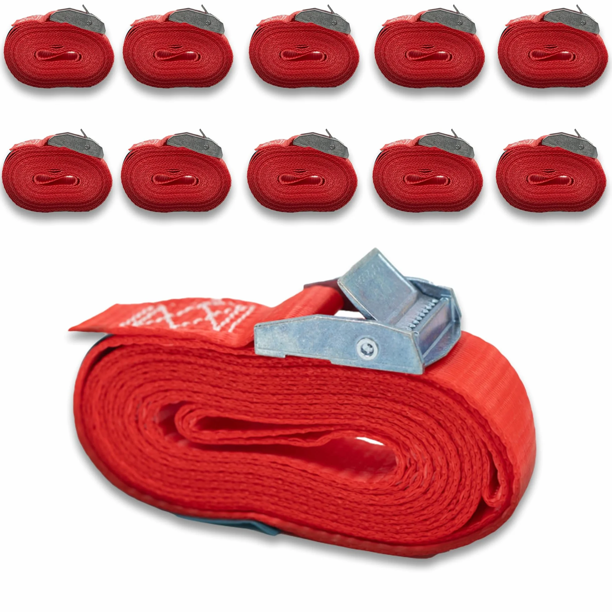 DoZurr 250 zestaw 10 pasów mocujących z zaciskiem do pasa, jednoczęściowy, obciążenie do 250 kg, szerokość 25 mm x 4 m długości, czerwony, do bagażników dachowych i opasek