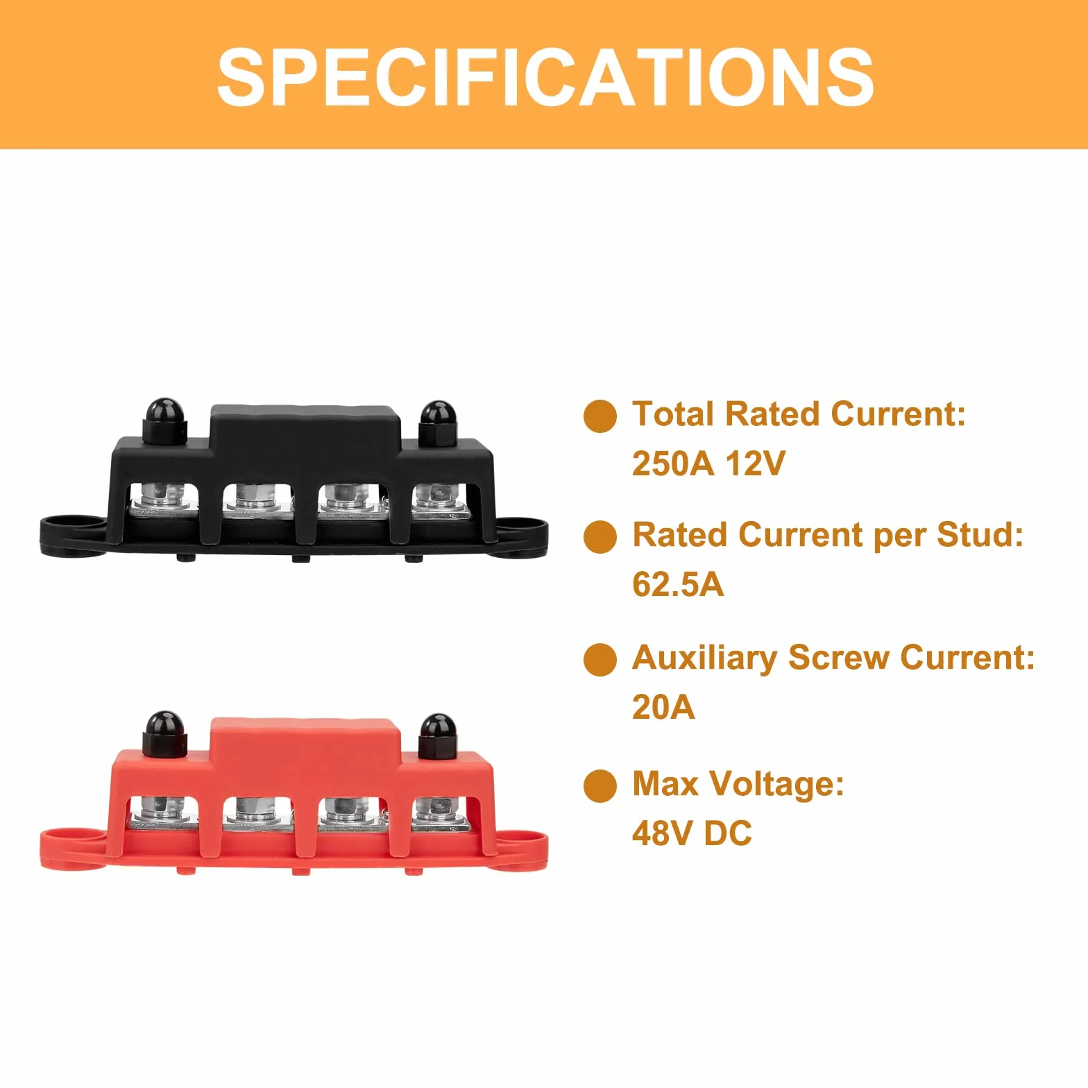 QIMEI-SHOP Szyna Zbiorcza 12 V-48 V DC, Blok Rozdzielczy 250 A z 4 x Bolcami Przyłączeniowymi M8, Do Samochodu, Kampera, Łodzi, Czerwonej, Czarnej, 2