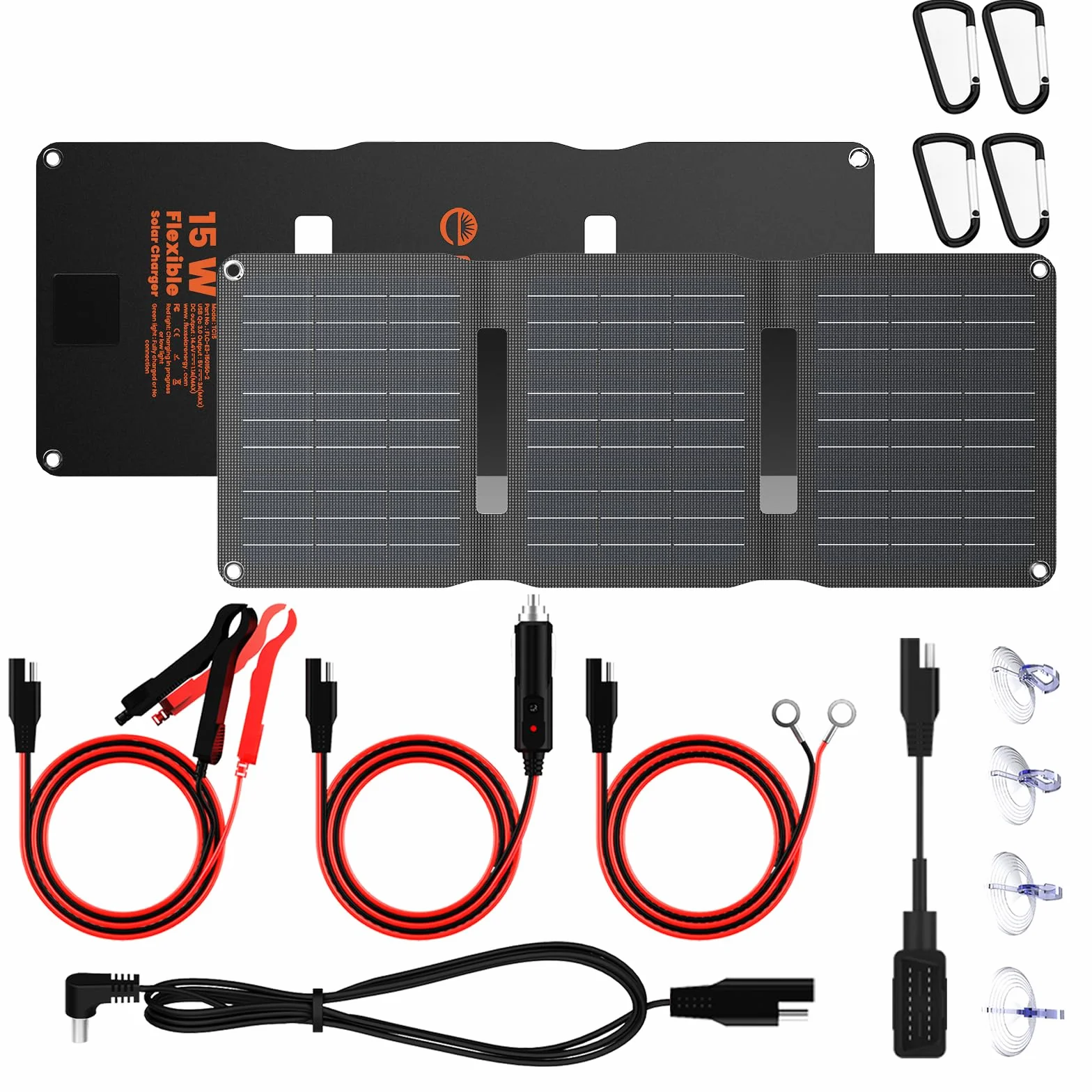 Flexsolar Solarna ładowarka do akumulatora samochodowego 15 W, moduł solarny, wodoszczelność IP67, przenośna ładowarka do akumulatora z kablem przyłączeniowym USB DC SAE do samochodu, łodzi, motocykla