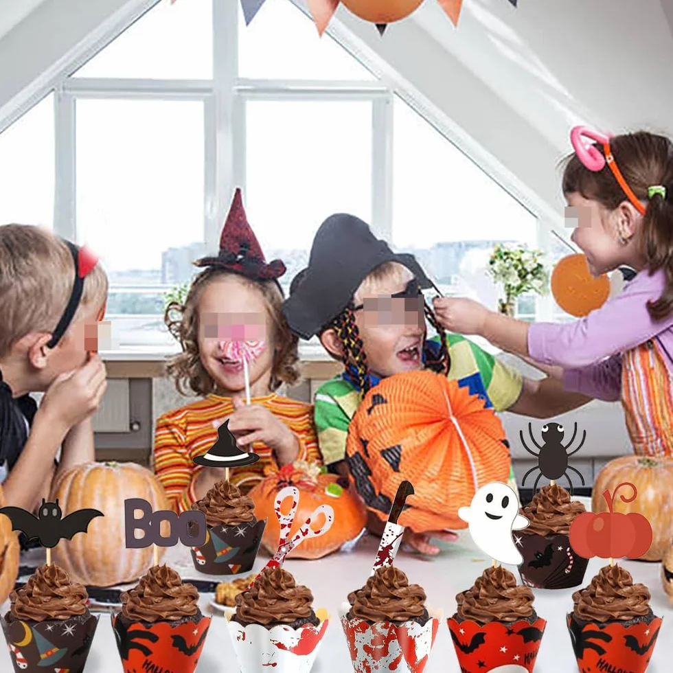 48 sztuk ozdób na babeczki na Halloween, krasnoludy, dynia, dekoracje na babeczki, nawiedzony dom, toppery na tort, na Halloween, imprezę, artykuły kuchenne, pieczenie babeczek