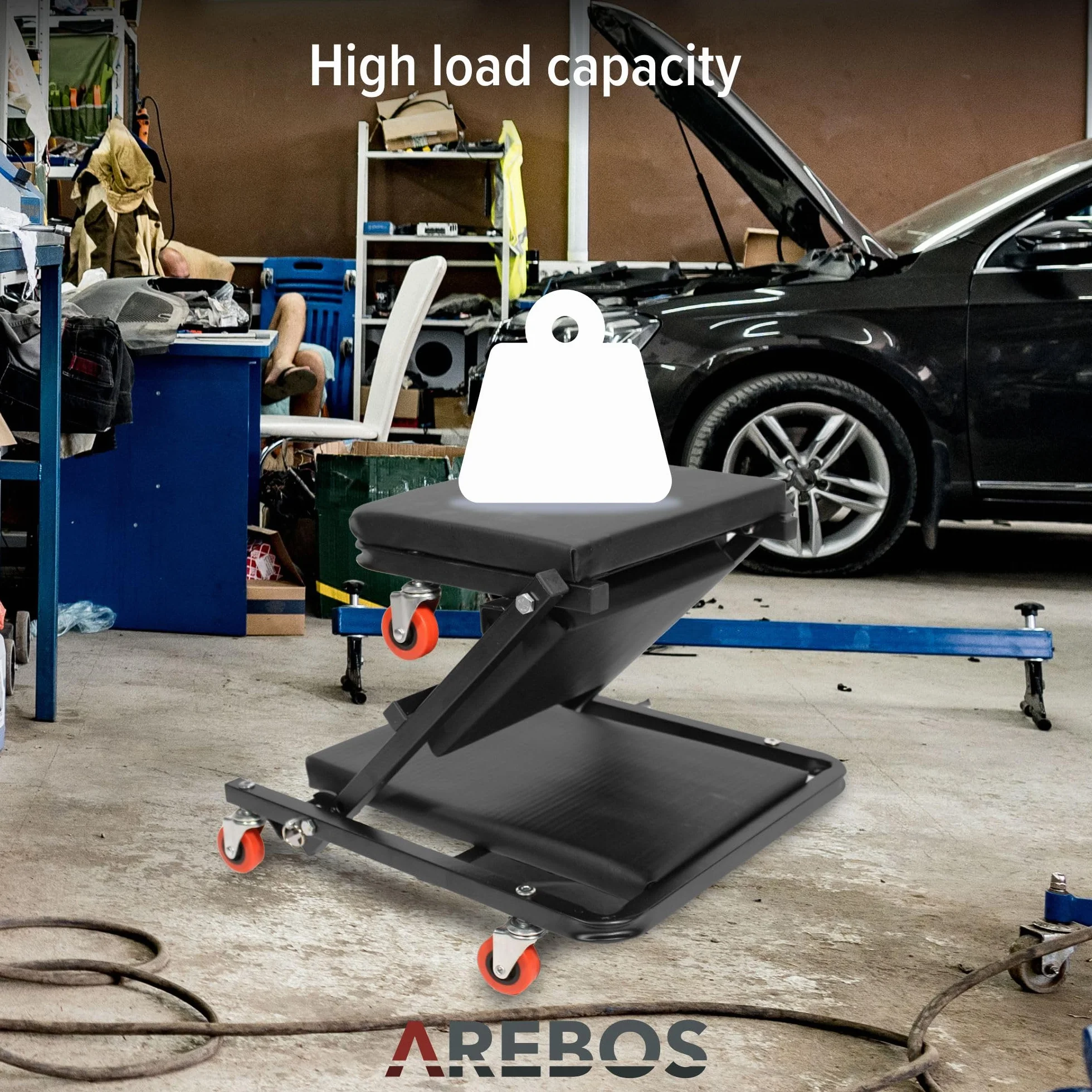 Arebos Wózek montażowy 2w1 | 150 kg ładowności | 6 ruchomych kółek | obracany o 360° | warsztatowy wózek rozkładany | siedzisko na kółkach | siedzisko i funkcja rozkładania