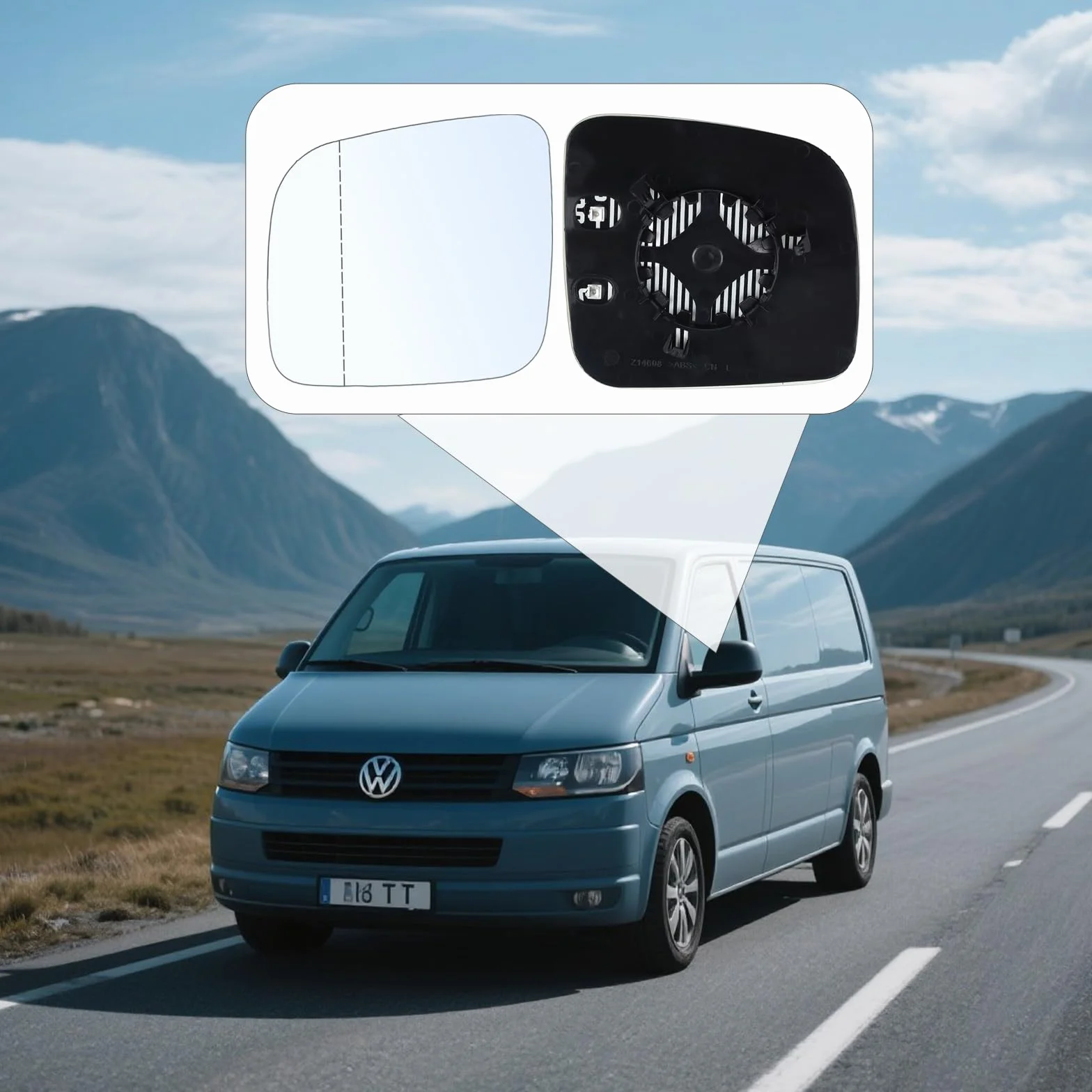 Wkład Lusterka Lewego Podgrzewany kompatybilny z VW T5 2003–2009 oraz Caddy 2004–2015 – Asferyczne Szkło Lusterka Bocznego Kierowcy z Płytą Montażową