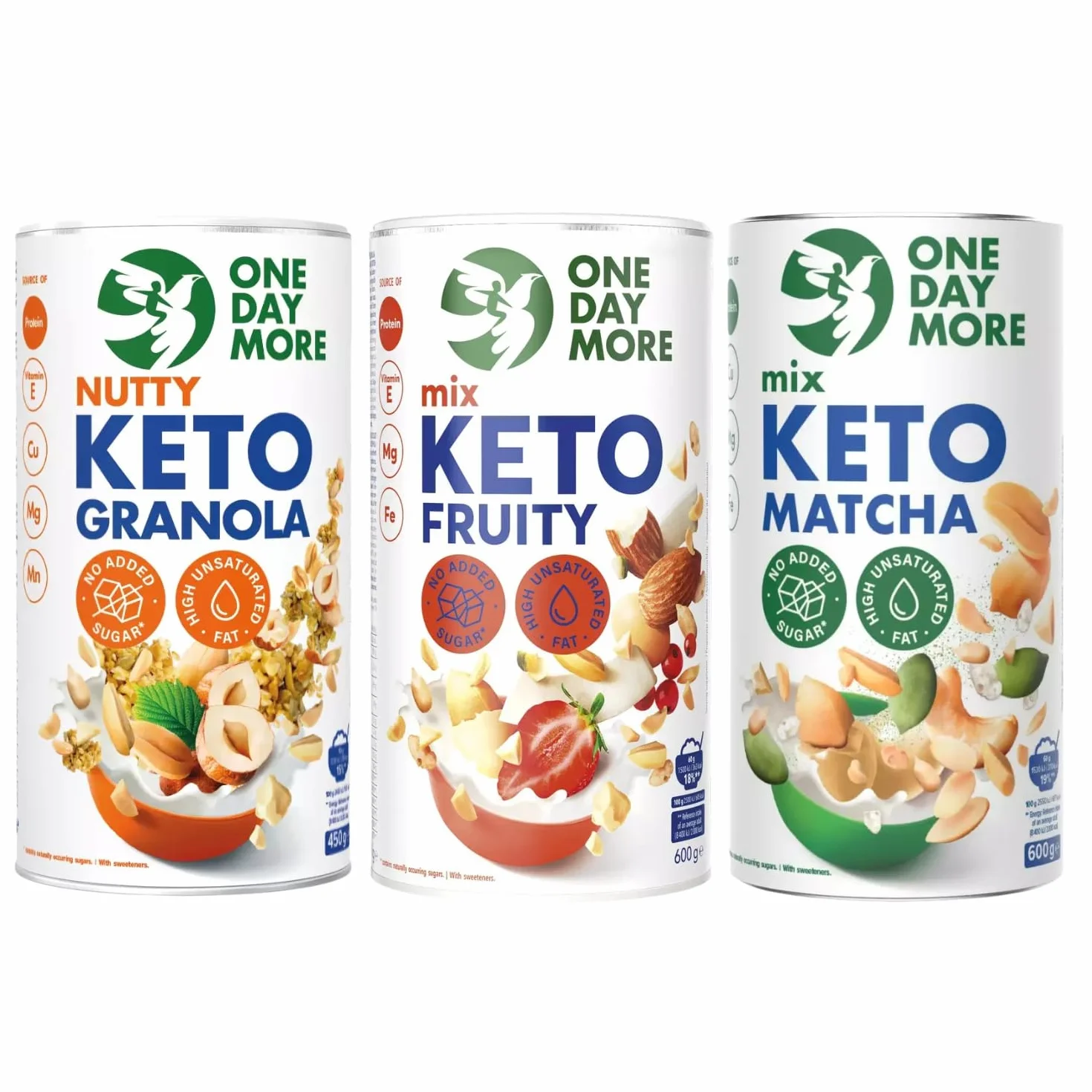 OneDayMore - Zestaw 3 Keto: Granola, Owocowy, Matcha - Bez Dodatku Cukru, Low Carb, Wysoka Zawartość Białka i Orzechów, Chrupiące Śniadanie Sycąca Przekąska białkowa proteinowa błonnik