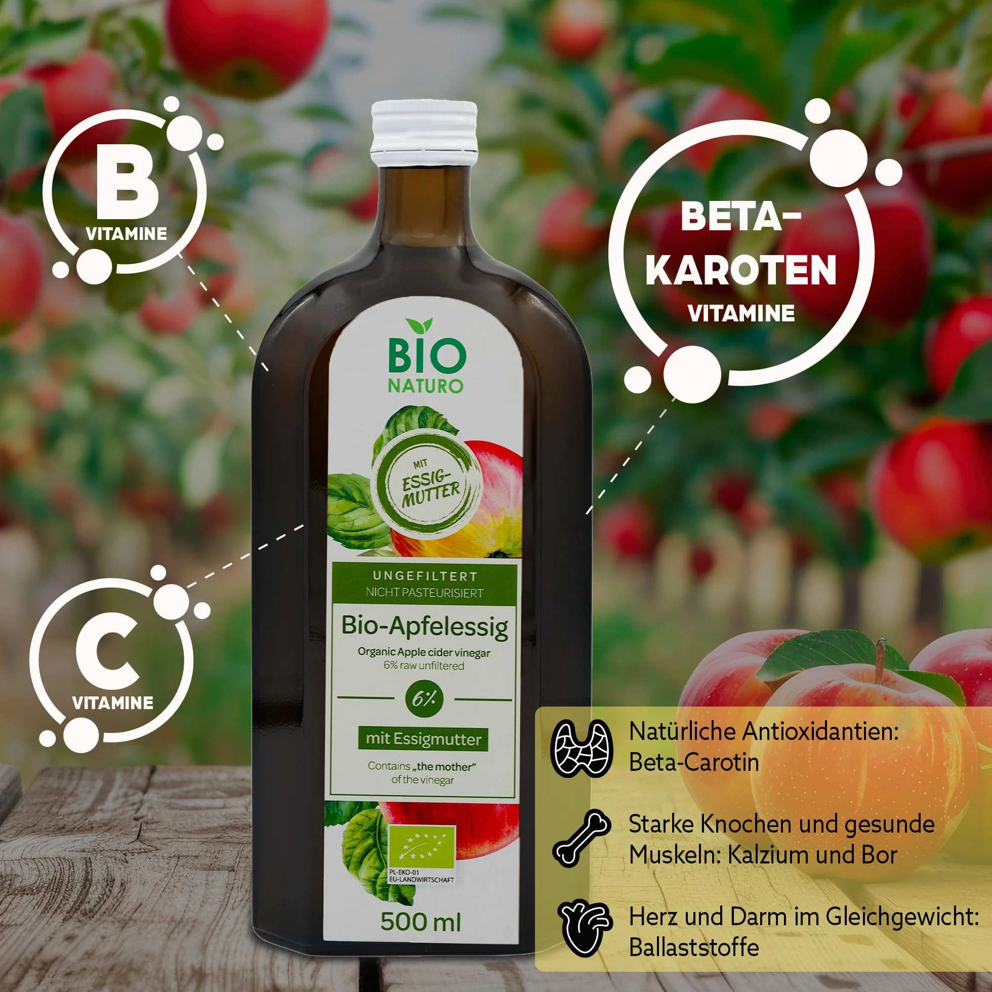 BIONATURO Organiczny ocet jabłkowy 6% 500ml - Ocet z ekologicznych Jabłek - Naturalnie mętny - Niefiltrowany, bogaty w składniki odżywcze - idealny do gotowania, diety i zdrowia - Ocet wegański