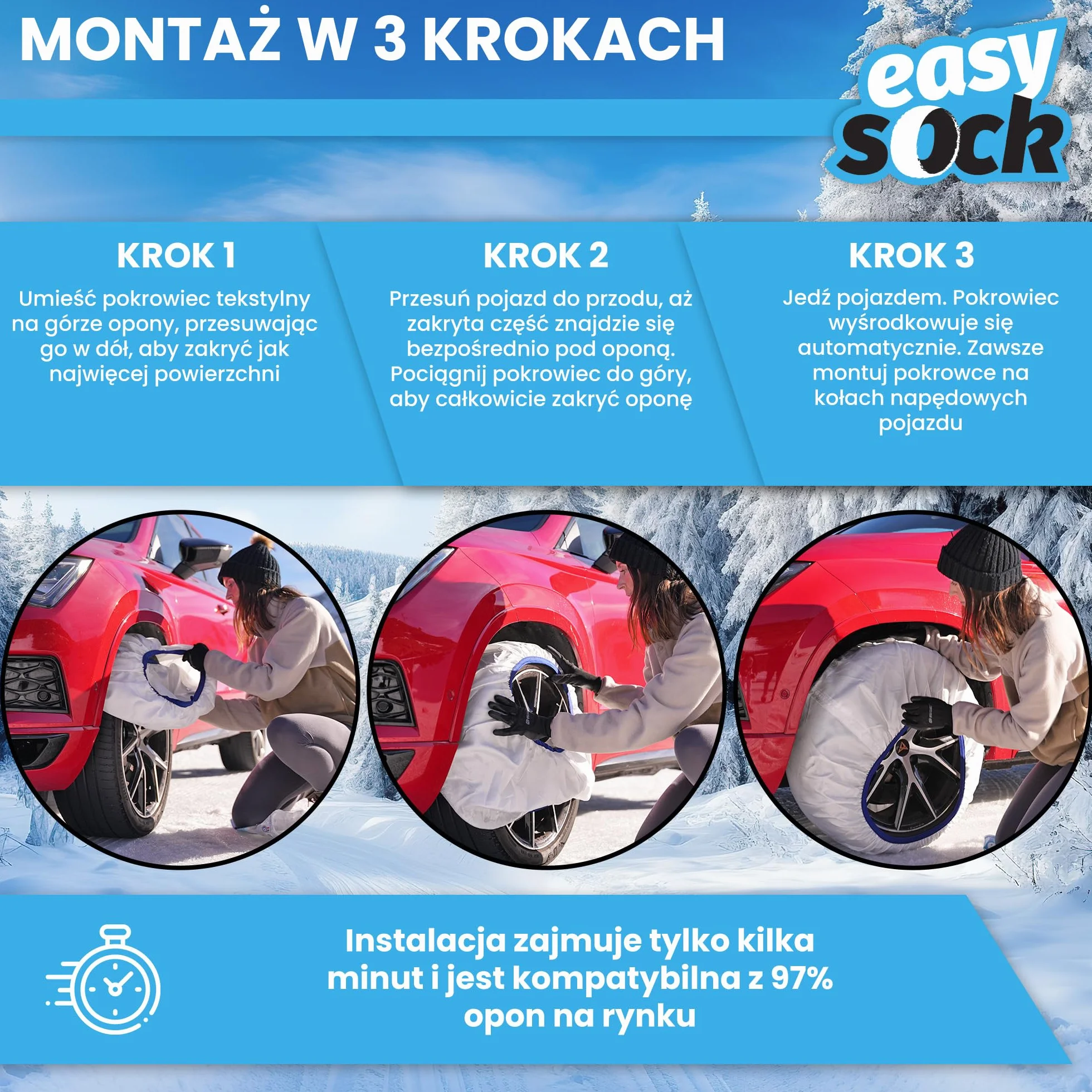 Easysock L - Tekstylne łańcuchy śniegowe do samochodu, Zatwierdzony zgodnie z normą EN 16662-1 - Tekstylne codzienne łańcuchy na śnieg i lód - 2 sztuki w zestawie