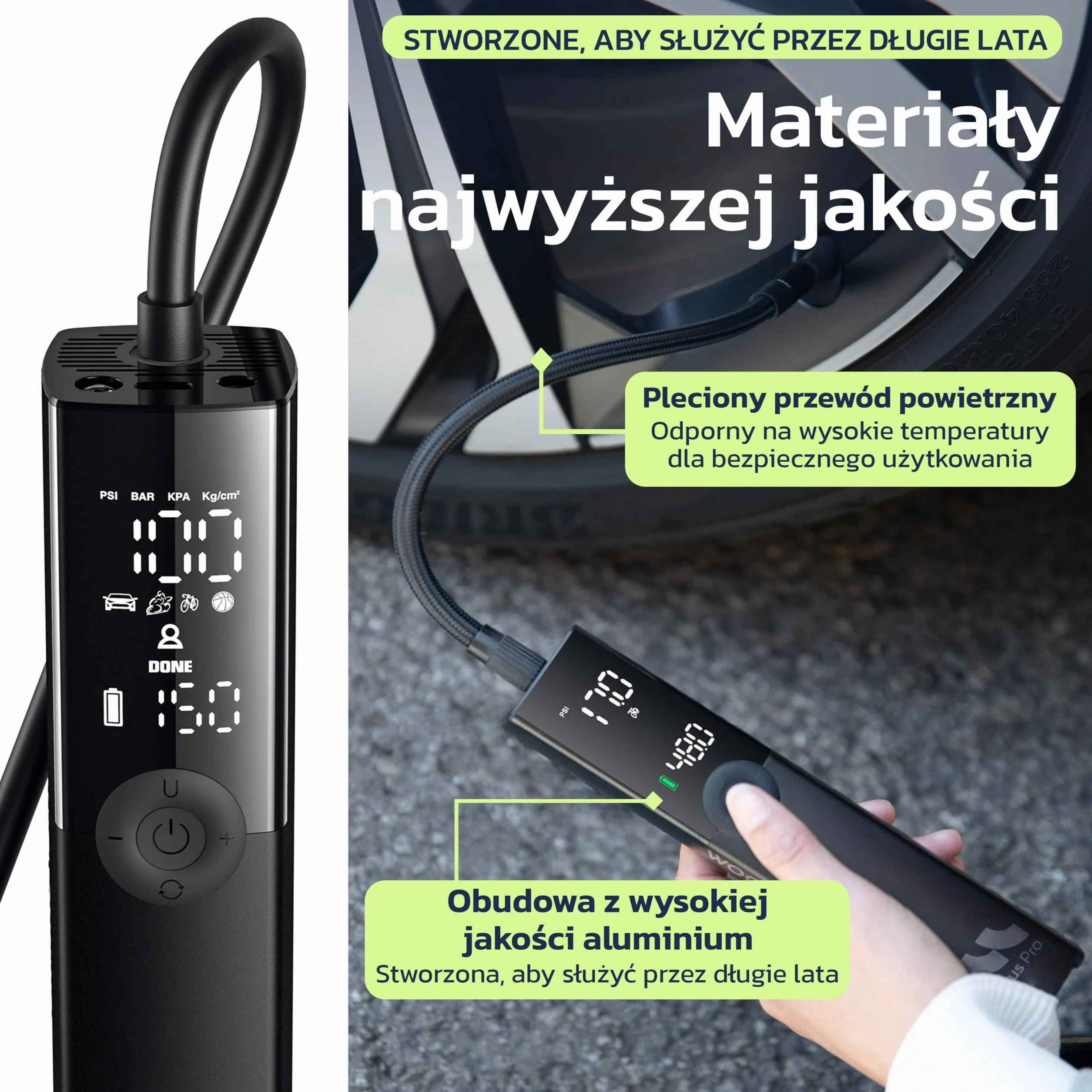 Pompa do opon 150 PSI bezprzewodowa 12 V DC automatyczne wyłączanie wyświetlacz LED