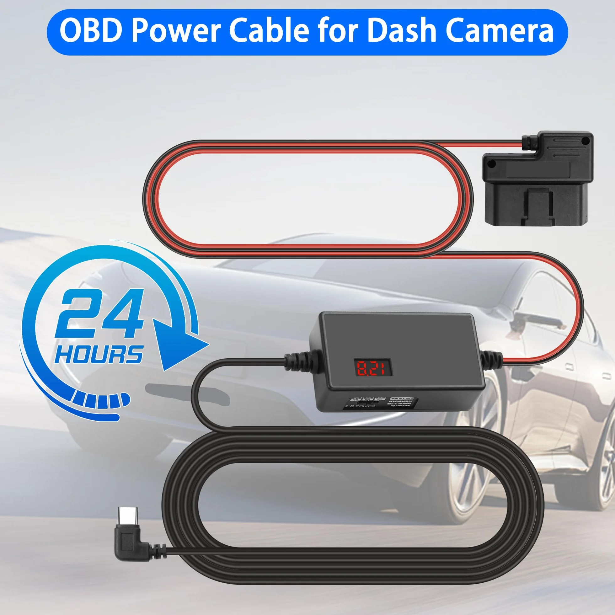 MEIRIYFA Kabel zasilający OBD OBD2 do kamery samochodowej, kabel do ładowania OBD2 na USB C, 24-godzinny nadzór, typ C, 16-pinowy, OBDII, zestaw Hardwire, kabel do ładowarki do kamery samochodowej GPS