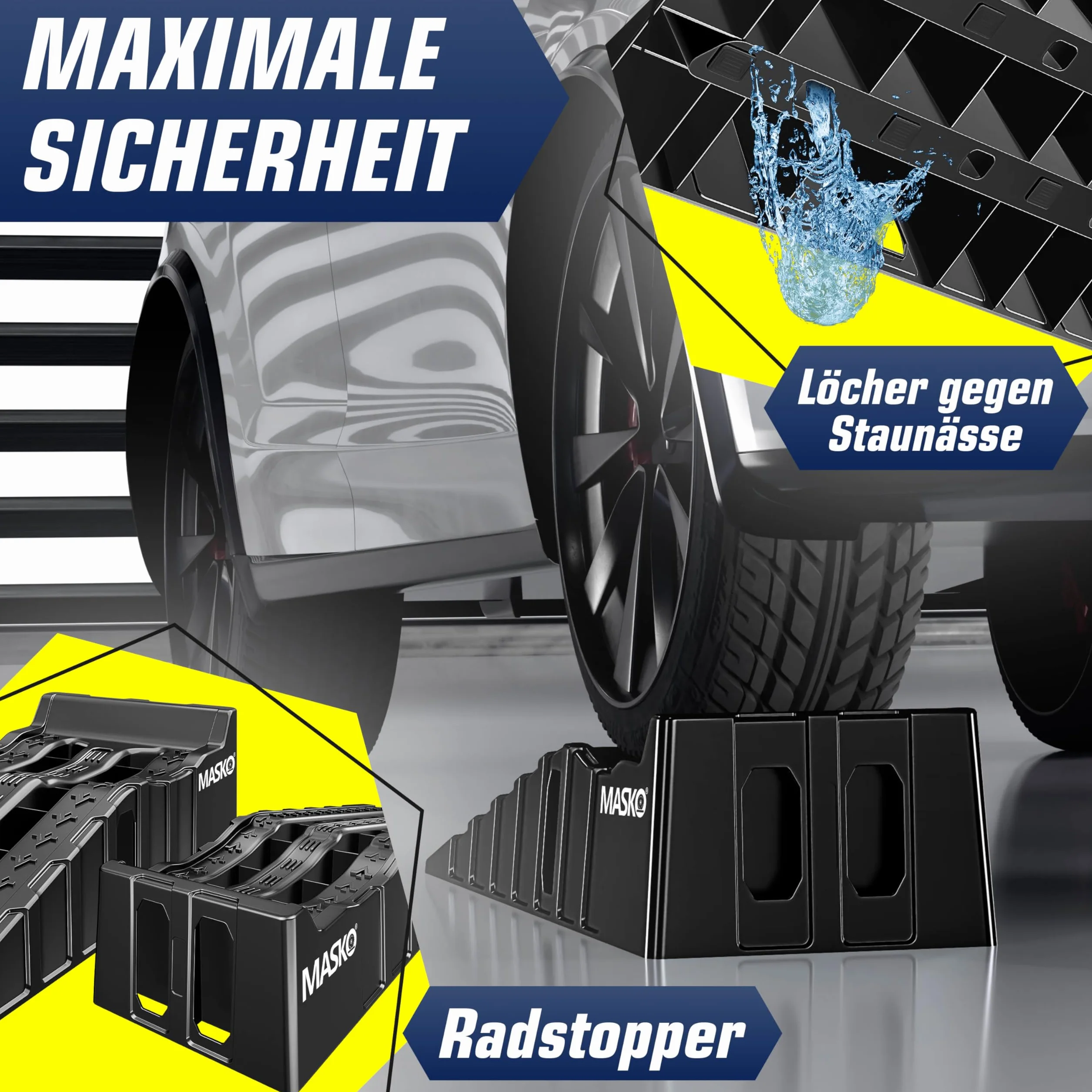 MASKO® Zestaw 2 ramp najazdowych do 7 ton nośności, rampa samochodowa z zabezpieczeniem przed wyciągnięciem, antypoślizgowa, stabilna, bardzo szeroka rampa