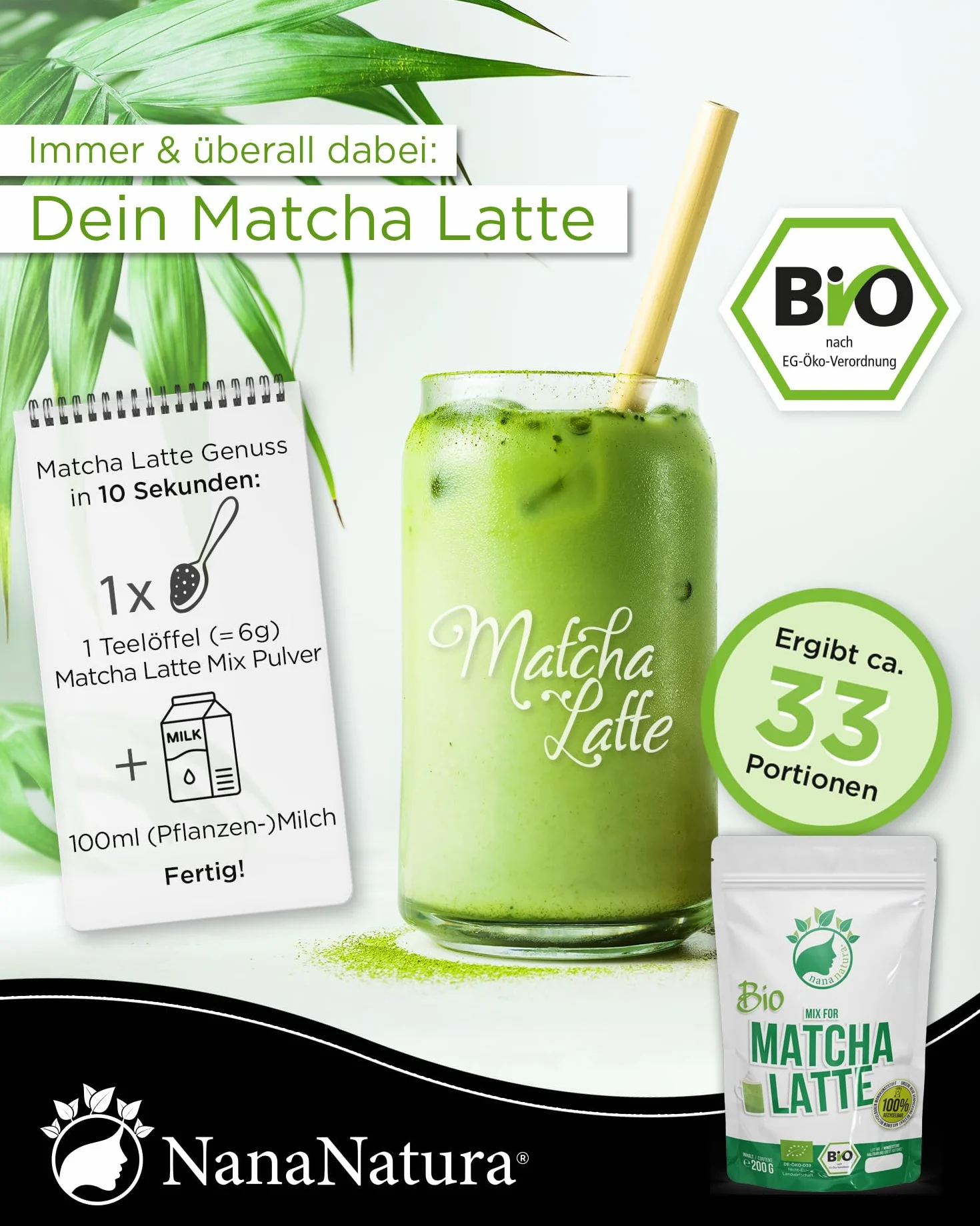 NanaNatura 's Bio Matcha Latte Mix z 22% japońską zieloną herbatą matcha w proszku i cukrem z kwiatami kokosowymi | zapewnia po prostu pyszną przyjemność z herbaty | również do lodów i wypieków