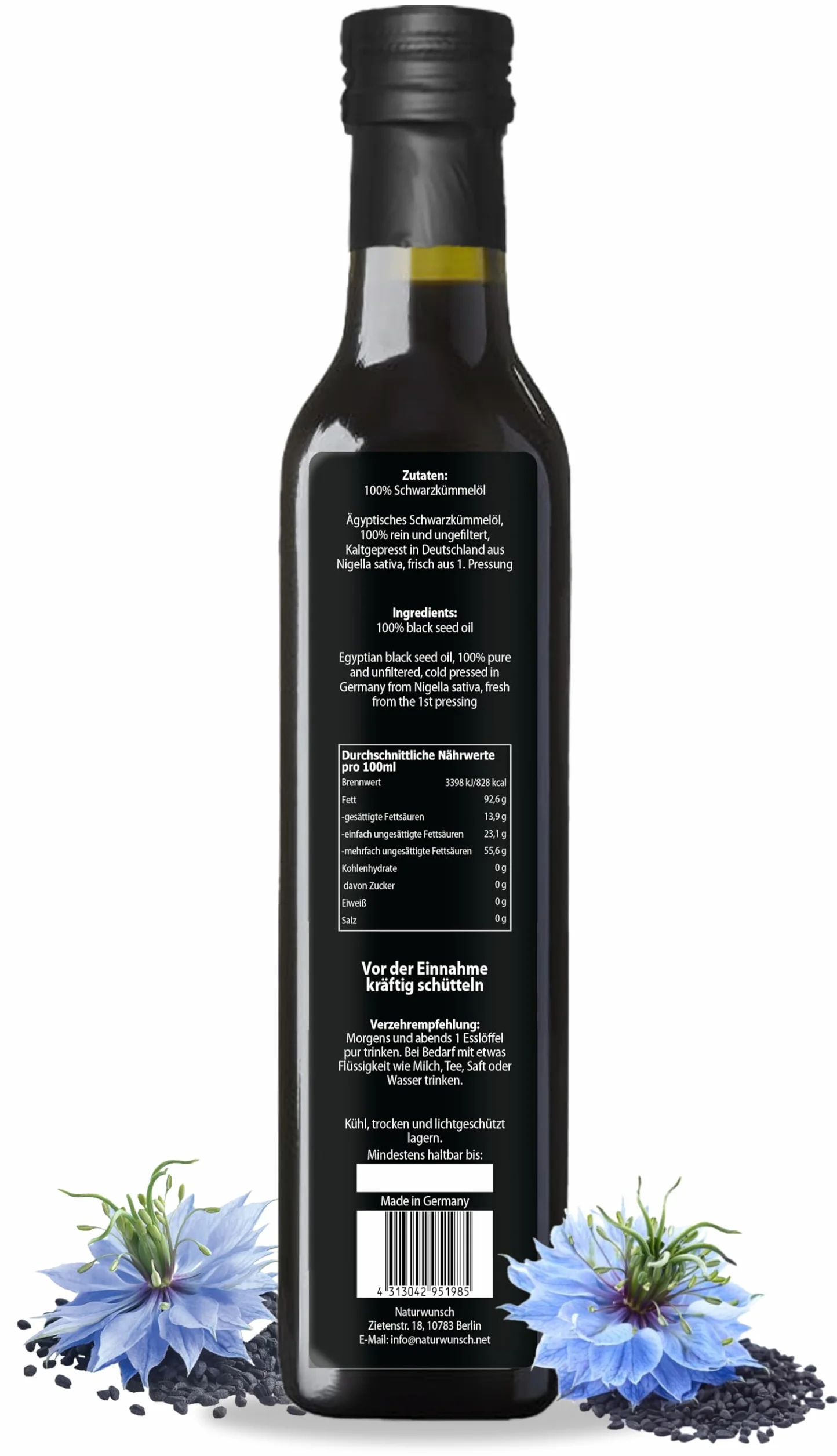 Olej z czarnuszki 1000 ml niefiltrowany tłoczony na zimno z Egiptu Nigella sativa