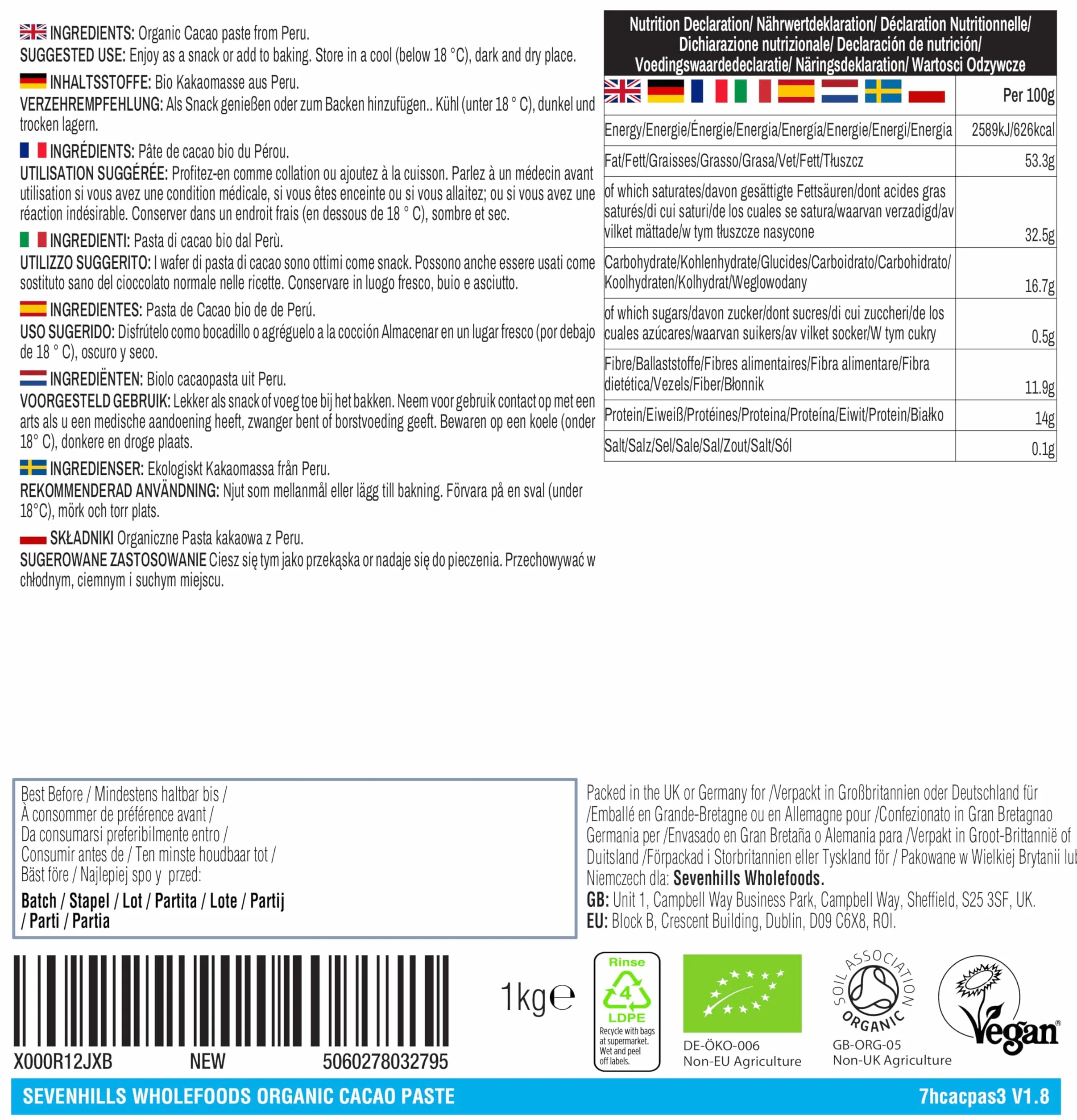 Sevenhills Wholefoods Organiczna Pasta Kakaowa 1kg