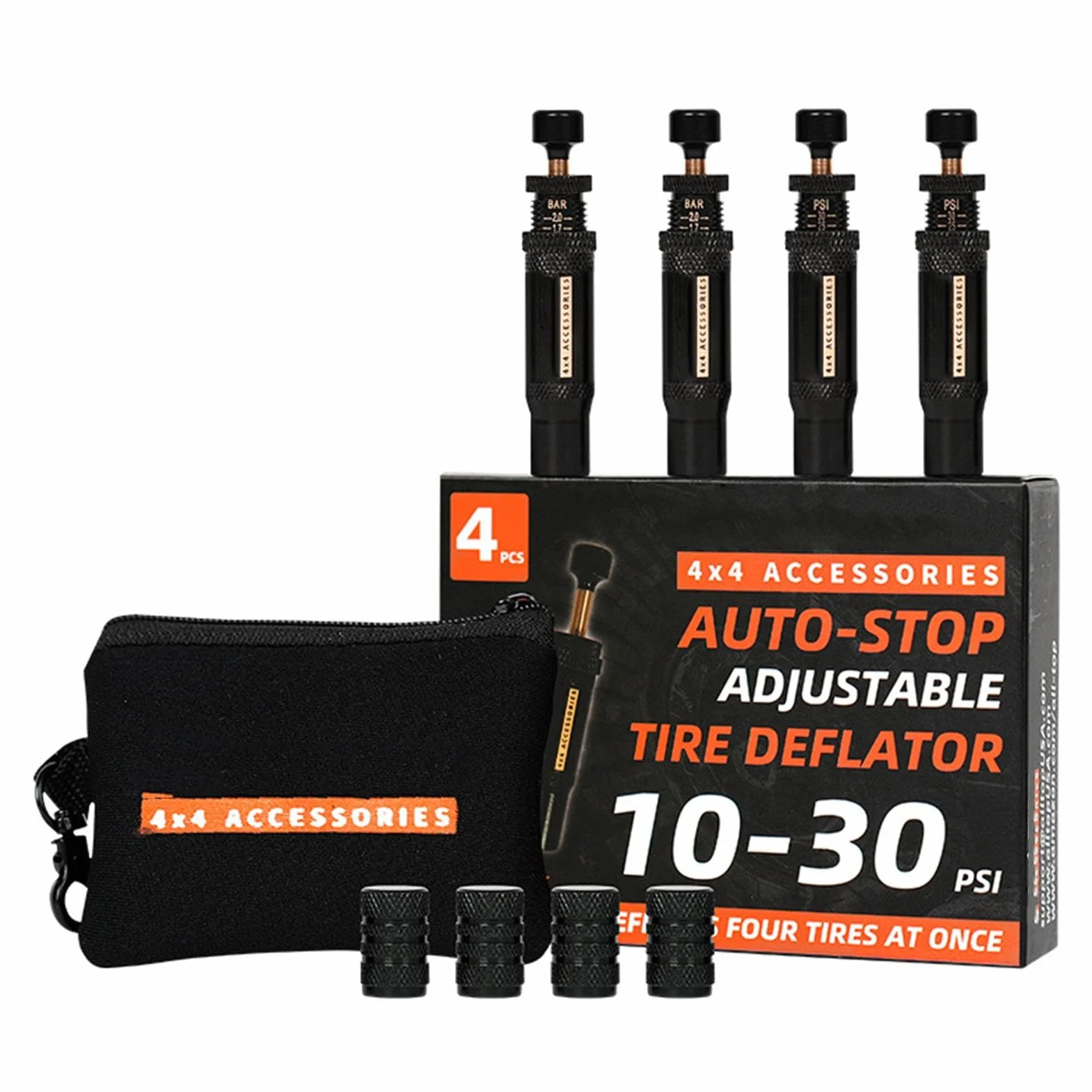 Rapid deflator do opon, akcesoria offroadowe, regulowany deflator powietrza do opon, 4-cz? ?ciowy zestaw Auto Stop-4 Spin- (10-30 PSI) , Rapid do samochodów ci? ?arowych, pickup, offroad