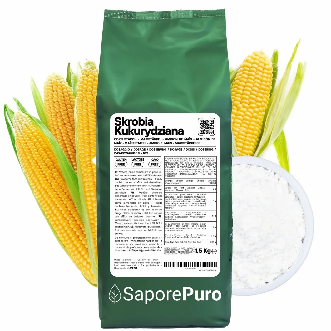 SaporePuro Naturalna Skrobia Kukurydziana 1500 g – Naturalny Zagęstnik do Deserów, Kremów i Sosów – Bezglutenowy i Wegański