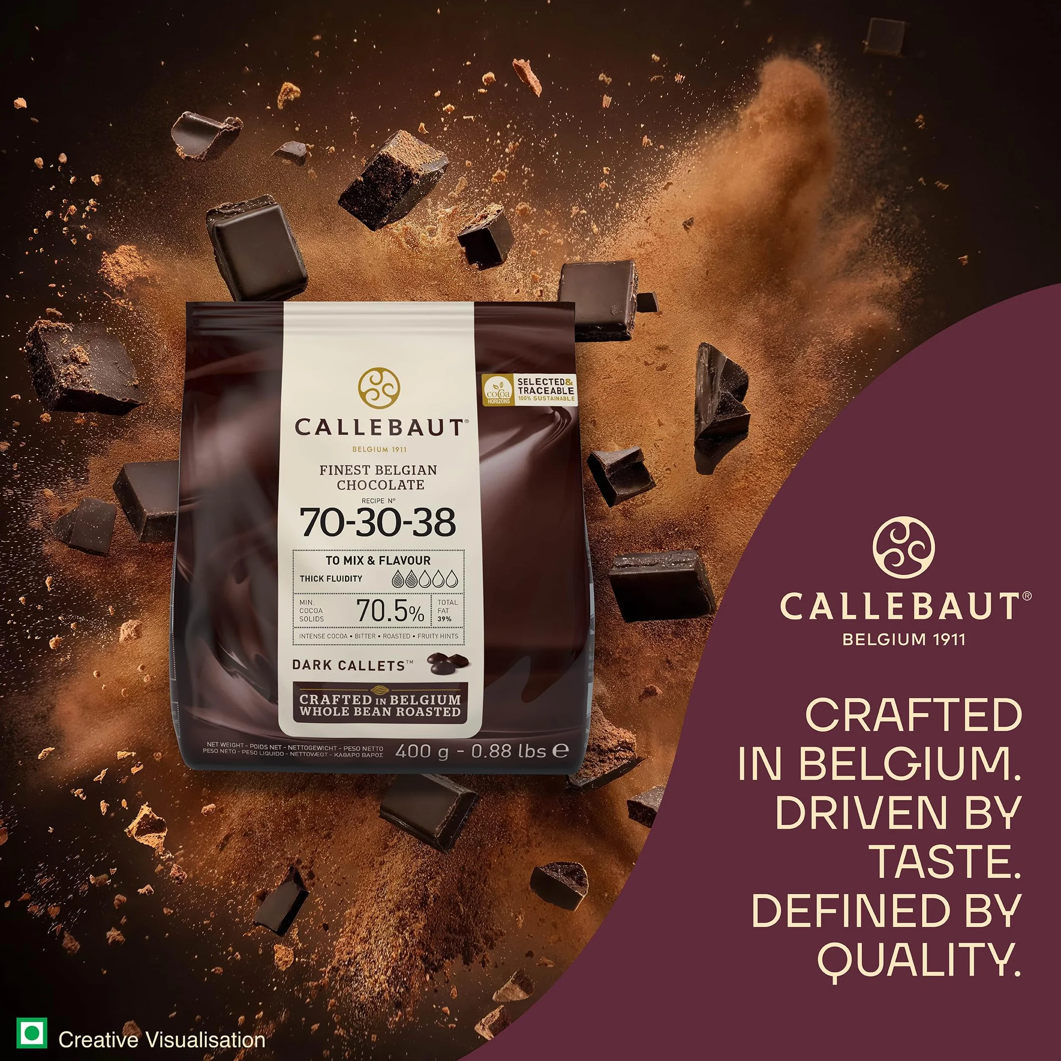 CALLEBAUT receptura nr 70-30-38 – kuwertura, delikatna gorzka czekolada, 70,5% kakao, 400 g, 1 opakowanie