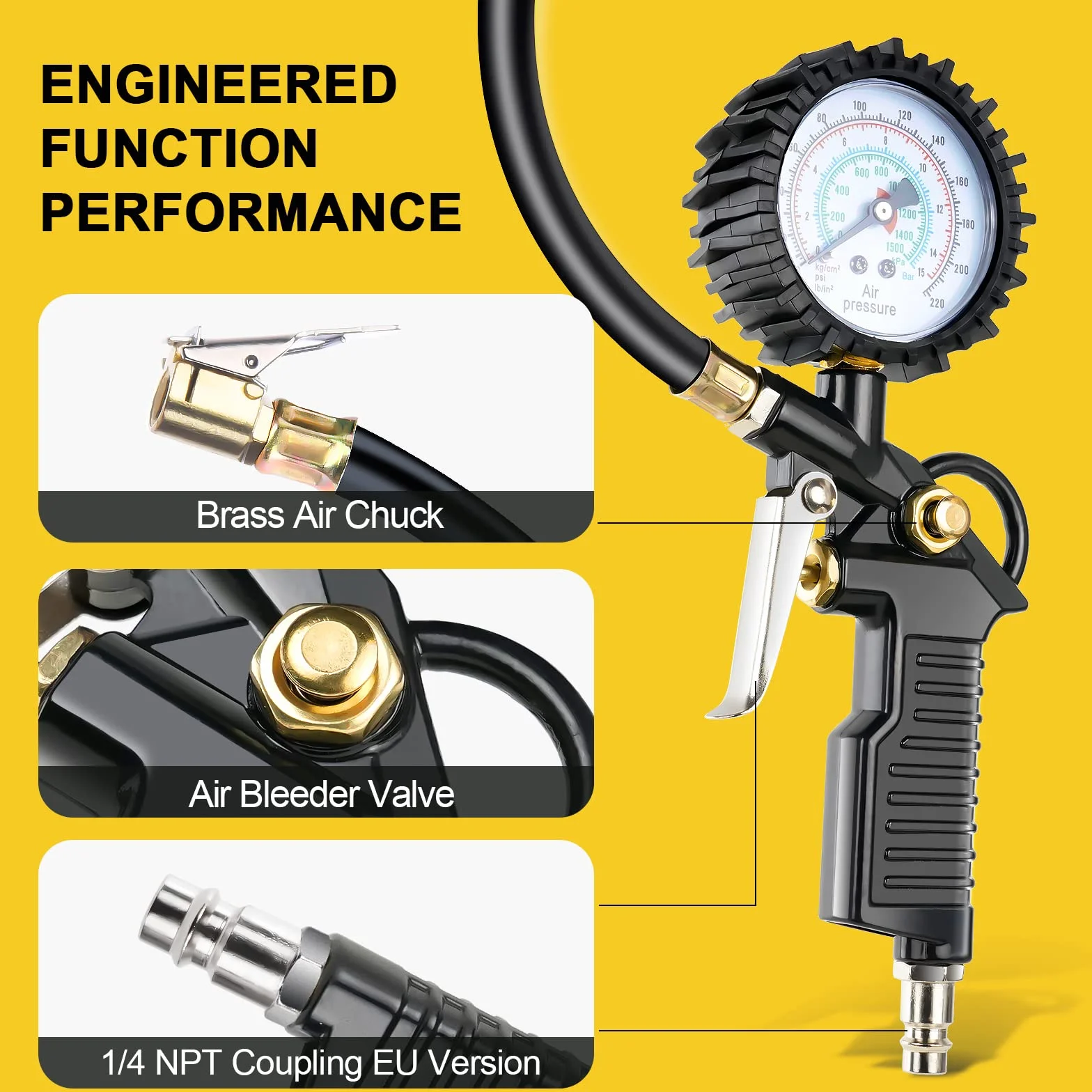Manometr do opon, 220 PSI, pompka do opon z gumowym wężem, narzędzie rdzeniowe zaworu, akcesoria do sprężarek, adapter, nadaje się do sprężarki, samochodu, motocykla, roweru, ciężarówki
