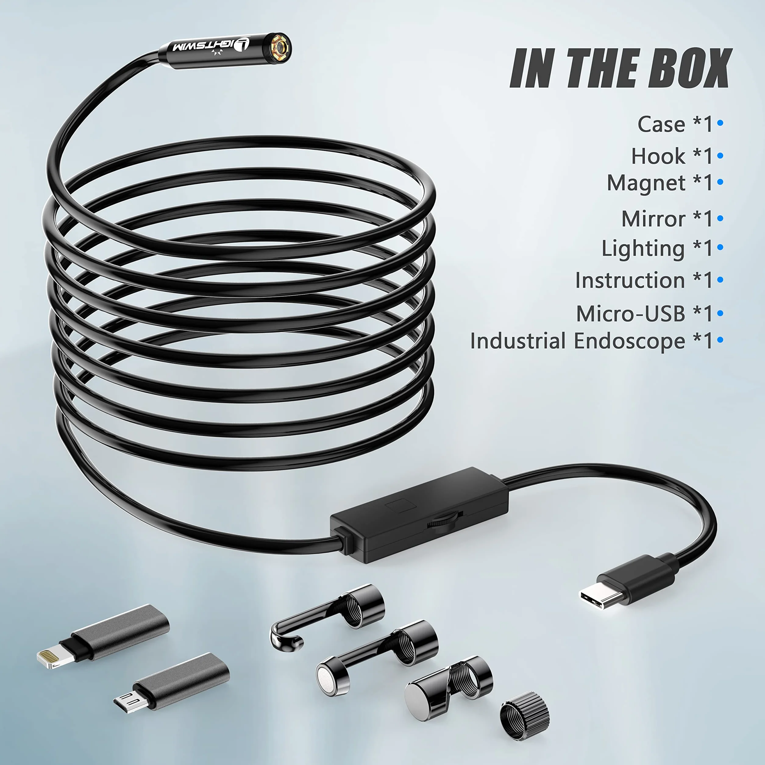 5,5 mm 1920P endoskopowa kamera inspekcyjna węża, boroskop Lightswim typu C, kamera z 8 diodami LED do smartfonów z systemem Android i iOS, iPhone'a, iPada, Samsunga (5 m)