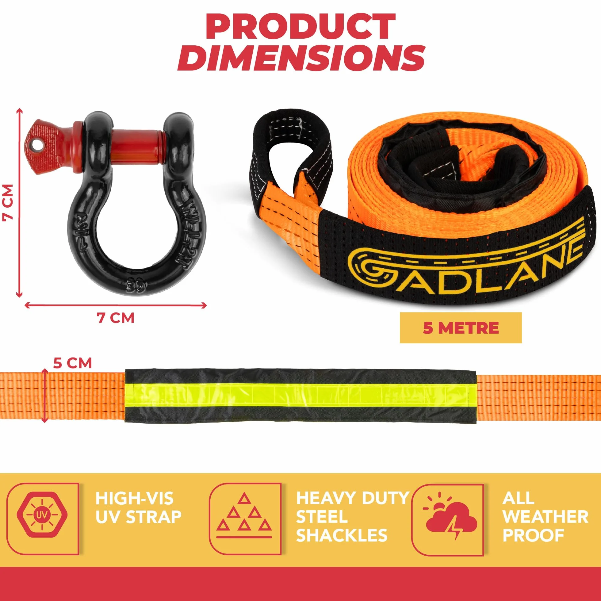 GADLANE Lina holownicza Hi Vis – grubość 5 m x 5 cm, pojemność 10 ton (10 kg) odporny na zużycie poliester ze wzmocnionymi końcami, pasek holowniczy powlekany promieniowaniem UV, wytrzymałe szekle