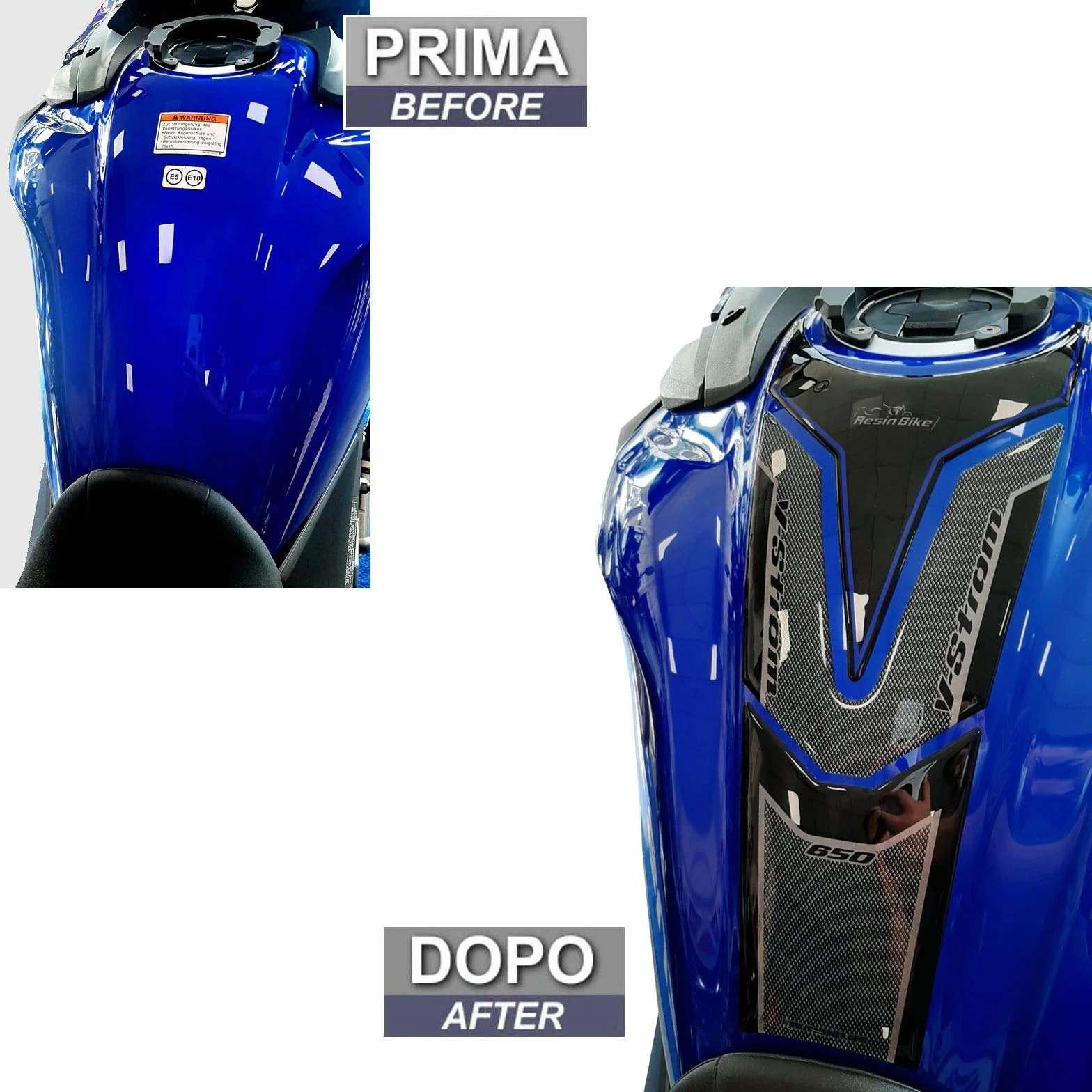 Resin Bike naklejki moto kompatybilne z Suzuki V-Strom 650 XT ABS 2020-2021 Czarny i Niebieski. Ochrona zbiornika paliwa przed uderzeniami i zadrapaniami. Samoprzylepna naklejka z ?ywicy z efektem 3D.