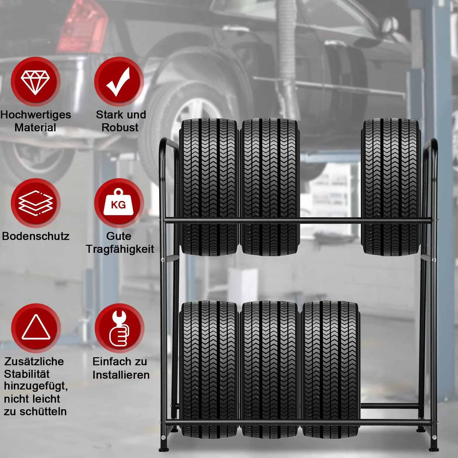Fiqops Stojak na opony, 2 x regał na opony, 8 opon 107 x 46 x 117 cm, stojak na felgi do opon samochodowych, nośność 180 kg, regał na felgi z osłoną ochronną na opony, do piwnicy, warsztatu, regulacja