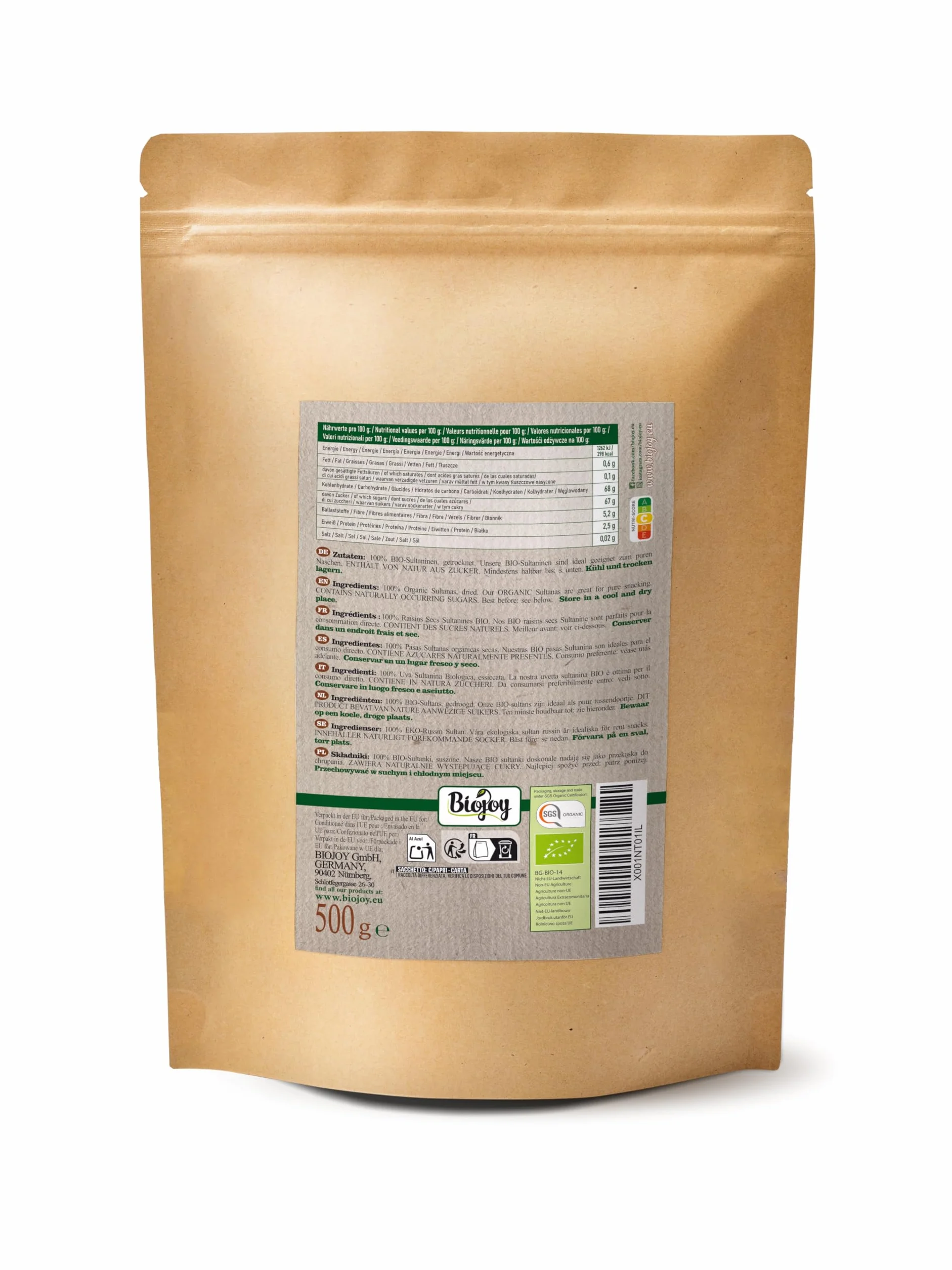 Biojoy BIO Sułtanki (500 g), bez dodatku cukru i siarki