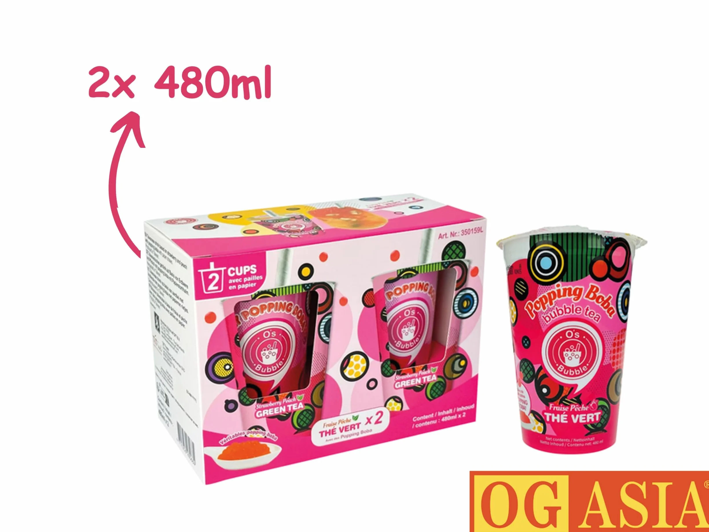 O's Bubble Tea truskawkowa brzoskwinia dwupak 2 x 480 ml wegańska bezglutenowa