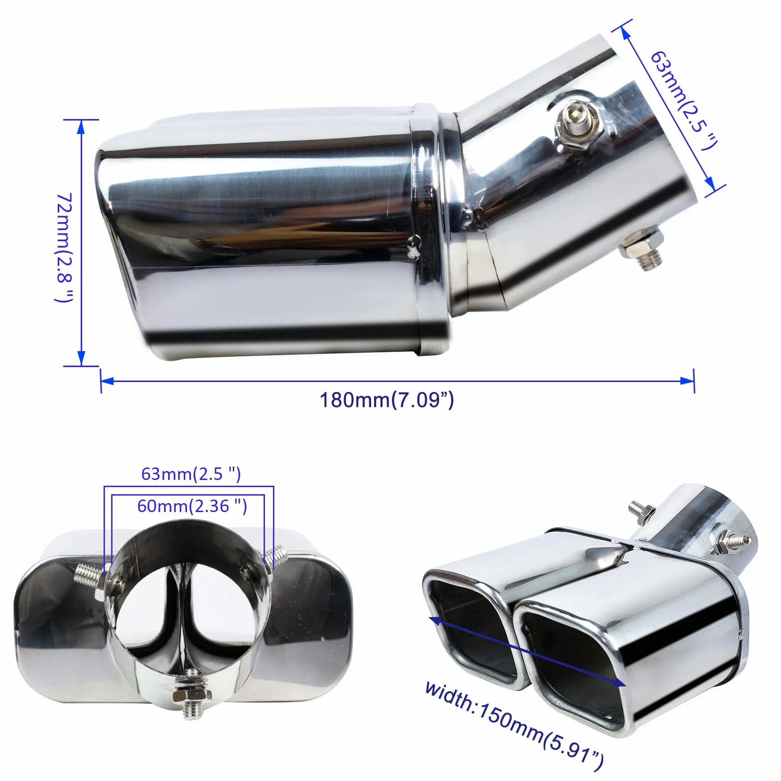 Końcówki wydechowe Tłumik ze stali nierdzewnej 62mm/2,36" Rura wydechowa samochodu Podwójny wylot Kwadratowy otwór Rura końcowa Pasuje do rury 38-60mm/1,5"-2,36" (Jasne srebro, 1,5"-2,36")