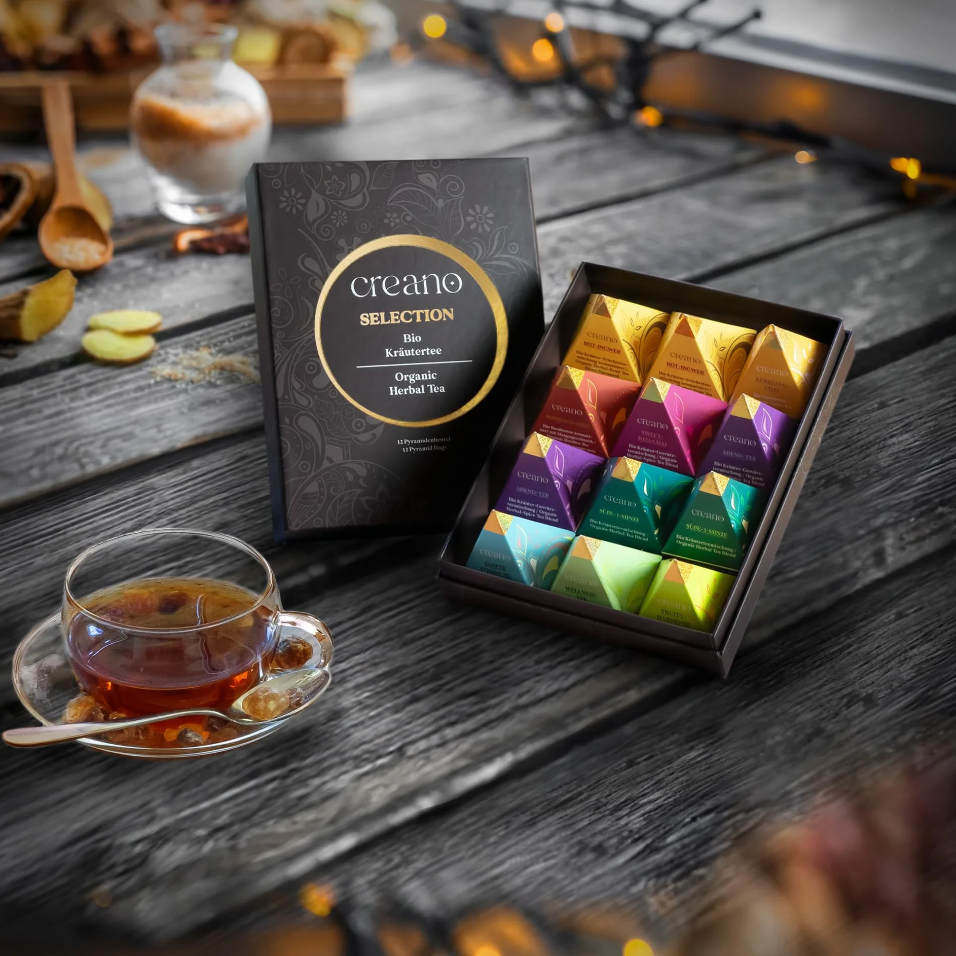 Creano Zestaw upominkowy Bio Premium Pyramide Herbata Herbata Herbata Zielona Herbata z 14 Piramidalnymi saszetkami w 9 różnych odmianach*