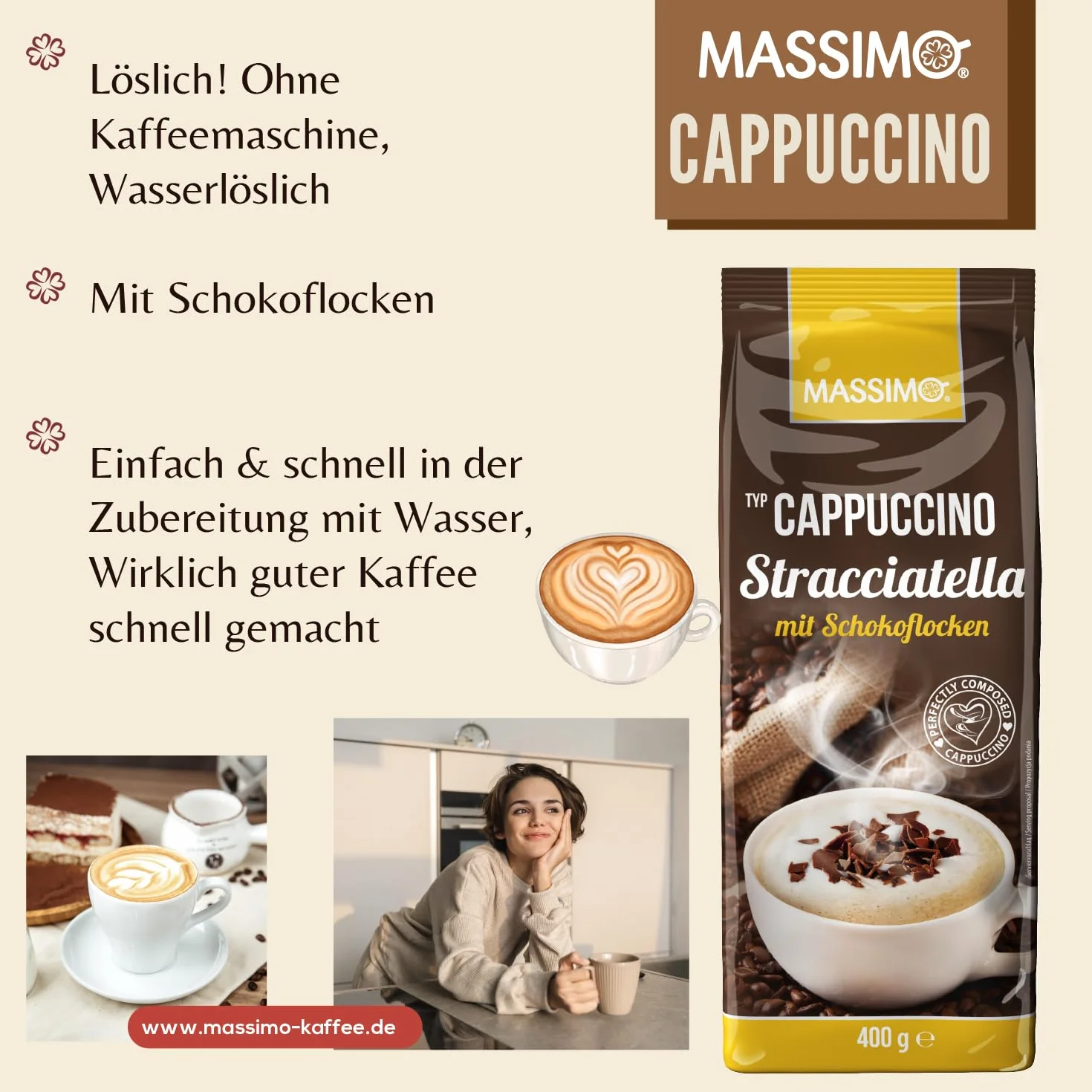 Massimo Cappuccino Stracciatella z płatkami czekolady 10 x 400 g/aromatyzowany proszek do napojów z rozpuszczalną kawą fasolową i płatkami czekolady mlecznej