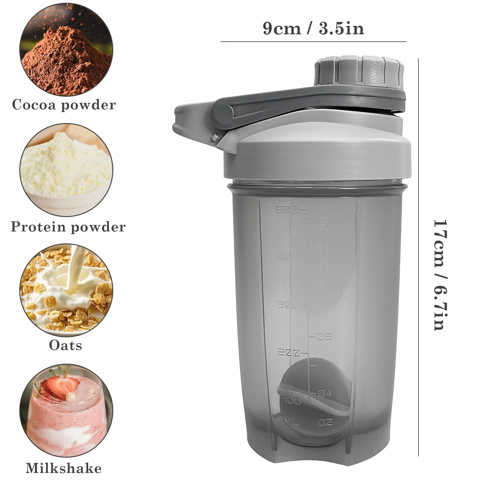 Mały shaker proteinowy 500 ml – shaker proteinowy 500 ml, nie zawiera BPA, szczelny, z kulką PP i plastikowym prętem, szara matowa butelka sportowa