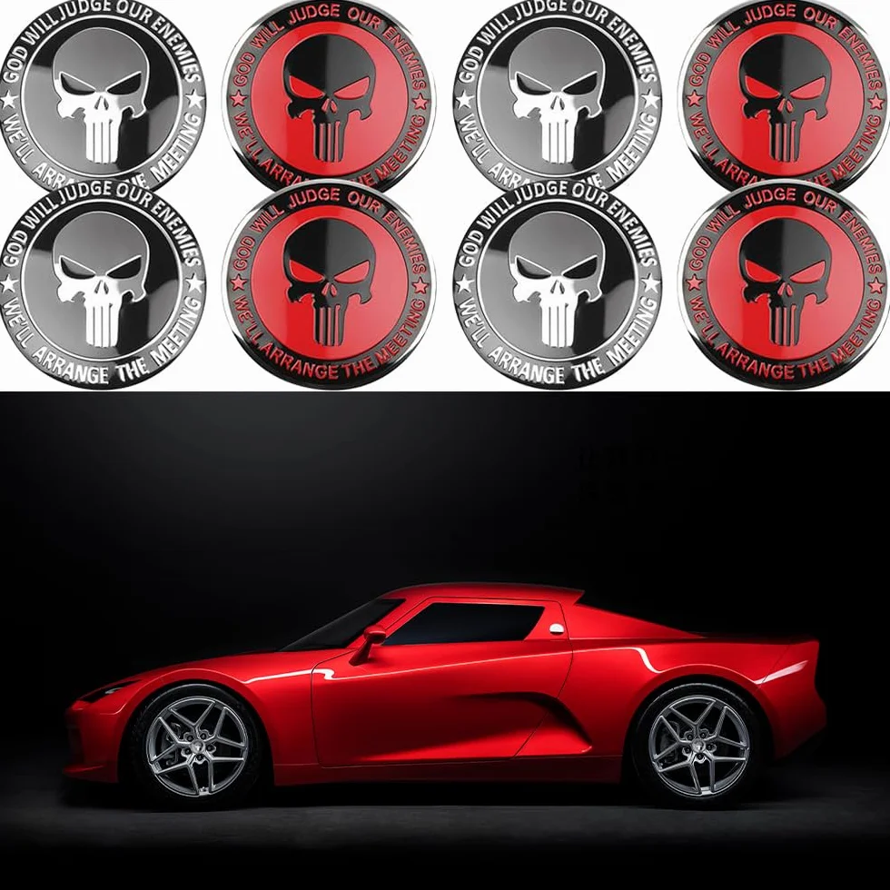 4 sztuki naklejki na piasty z motywem czaszki Punisher, naklejka na piasty, ozdobna naklejka na środek koła, kompatybilna z piastami o średnicy 56mm (srebrna)