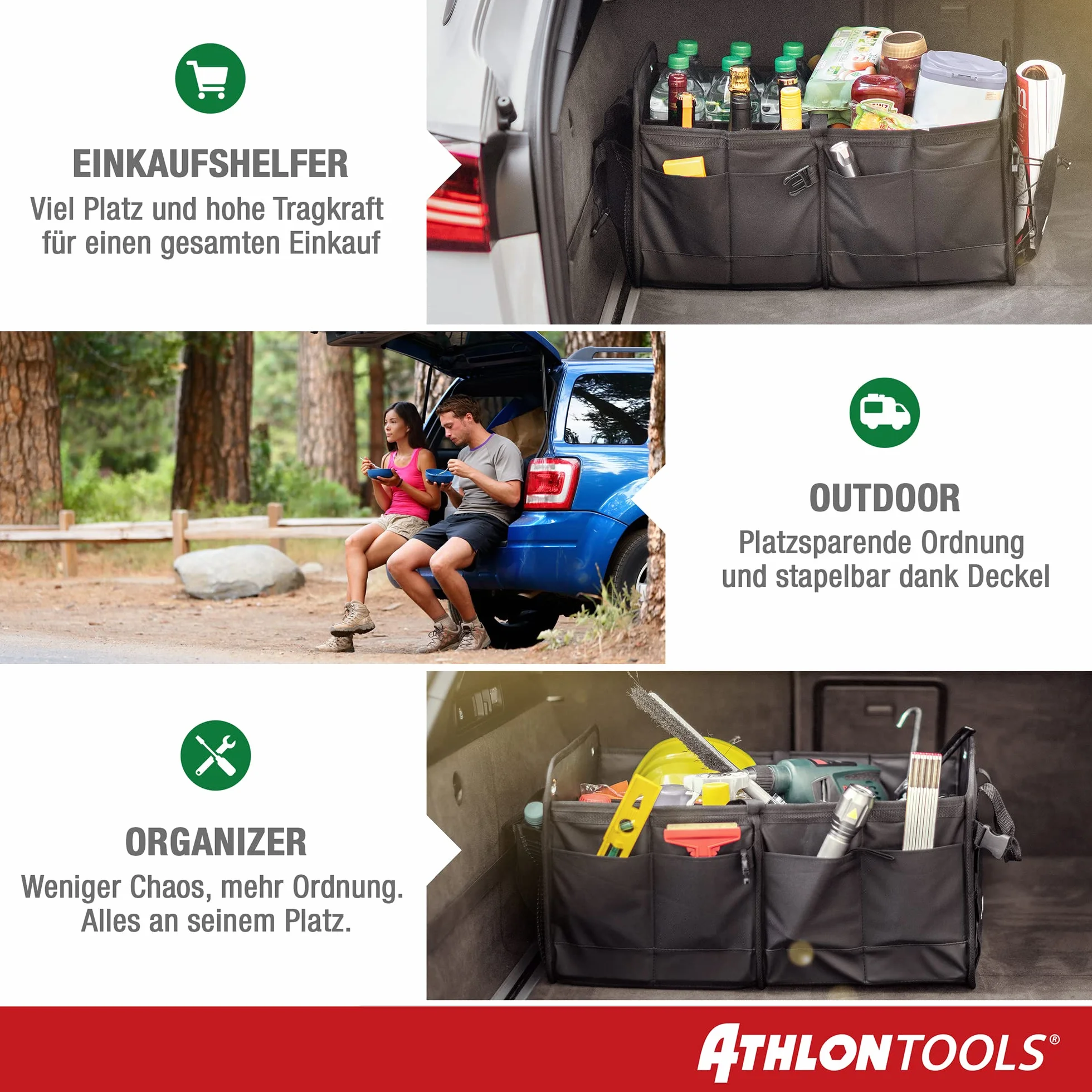 ATHLON TOOLS Torba do bagażnika premium z pokrywą – 60 litrów XXL organizer do bagażnika – bardzo stabilne i wodoodporne półki – z antypoślizgowym rzepem
