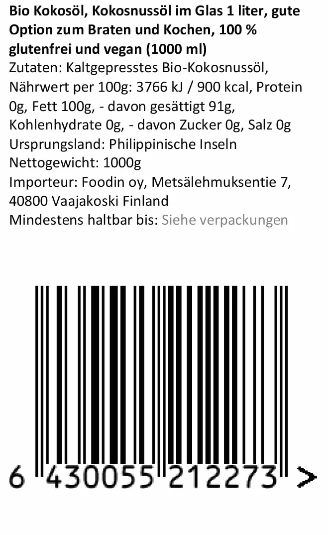 FOODIN Organiczny olej kokosowy, premium virgin i naturalny, tłoczony na zimno,organiczny olej kokosowy, najlepszy dla skóry i włosów, jakość surowej żywności - idealny do smażenia gotowania (1000ml)