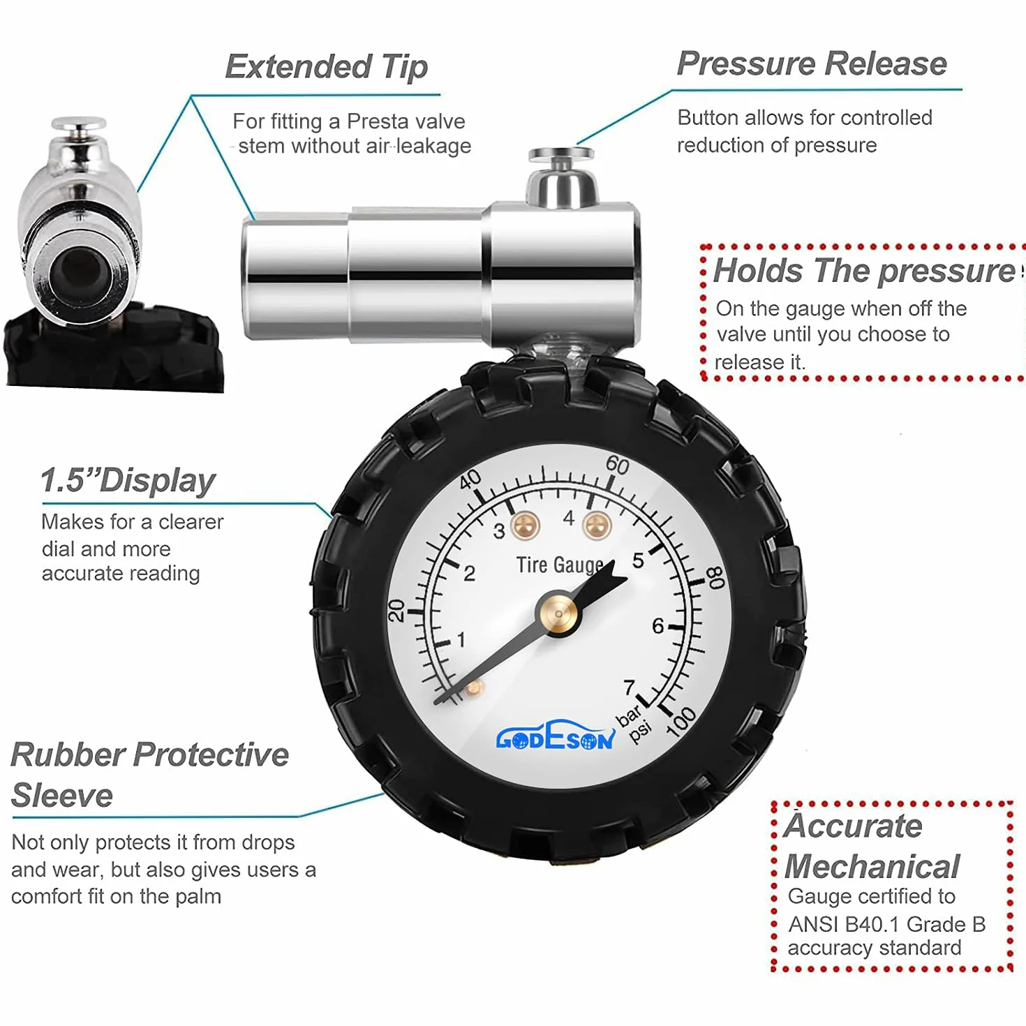 Godeson Manometr do opon rowerowych, 100 psi/7 barów, manometr do zaworu Presta, akcesoria rowerowe odpowiednie do roweru szosowego, wskaźnik mechaniczny, brak baterii