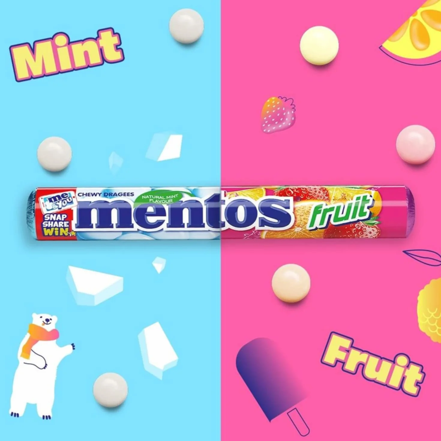 Mentos Miętowe cukierki do żucia, drażetki o smaku mięty pieprzowej dla świeżego oddechu, opakowanie zbiorcze, opakowanie na cukierki, wyświetlacz sprzedaży (40 rolek), wegańskie